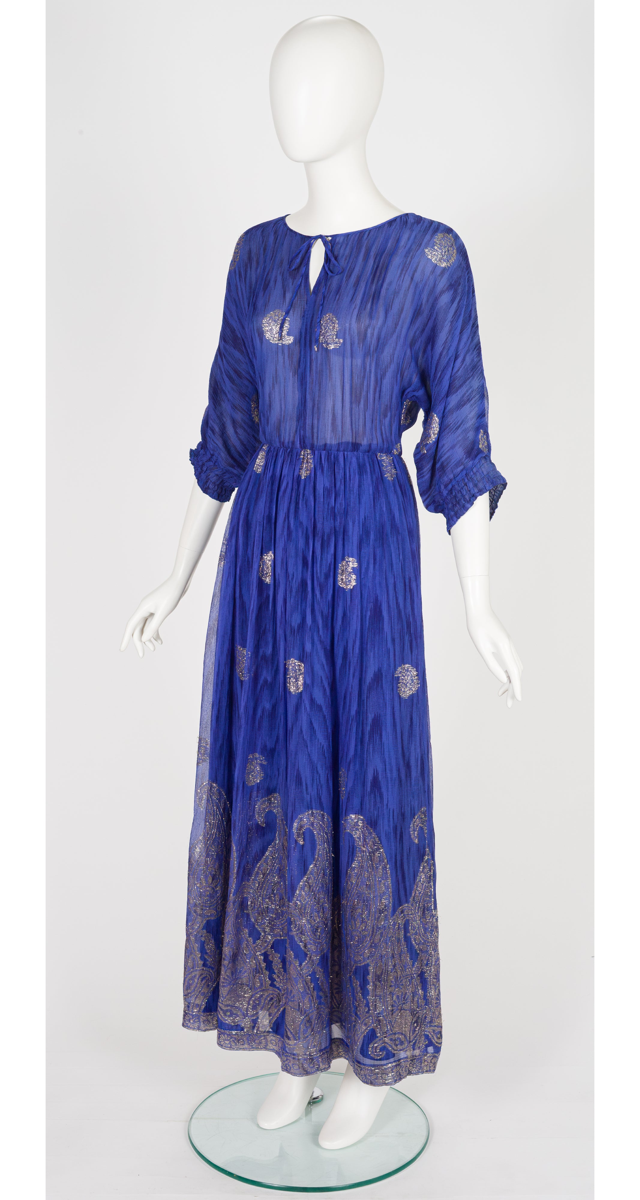 1970s Paisley Lurex Indigo Silk Chiffon Gown