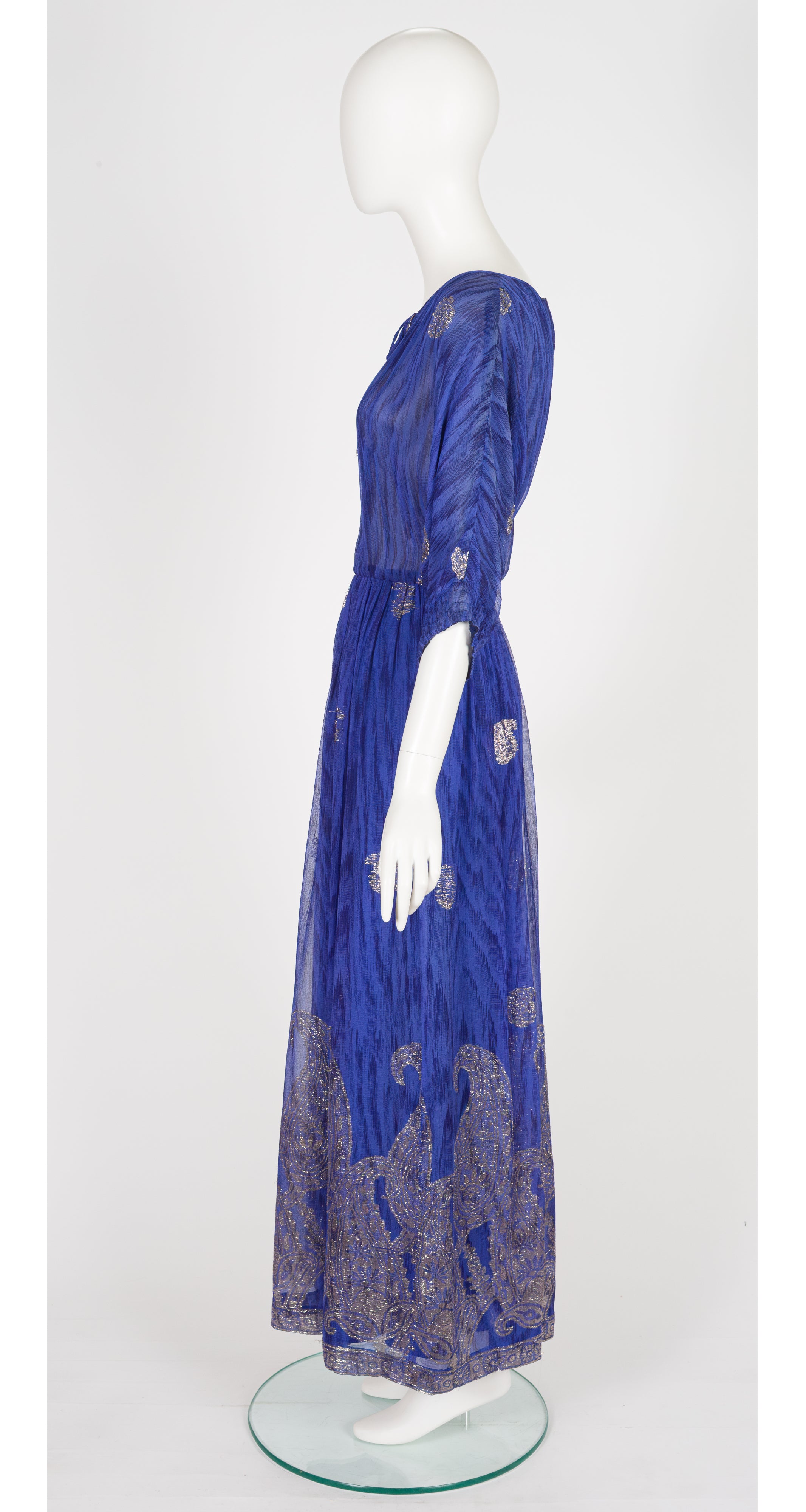 1970s Paisley Lurex Indigo Silk Chiffon Gown