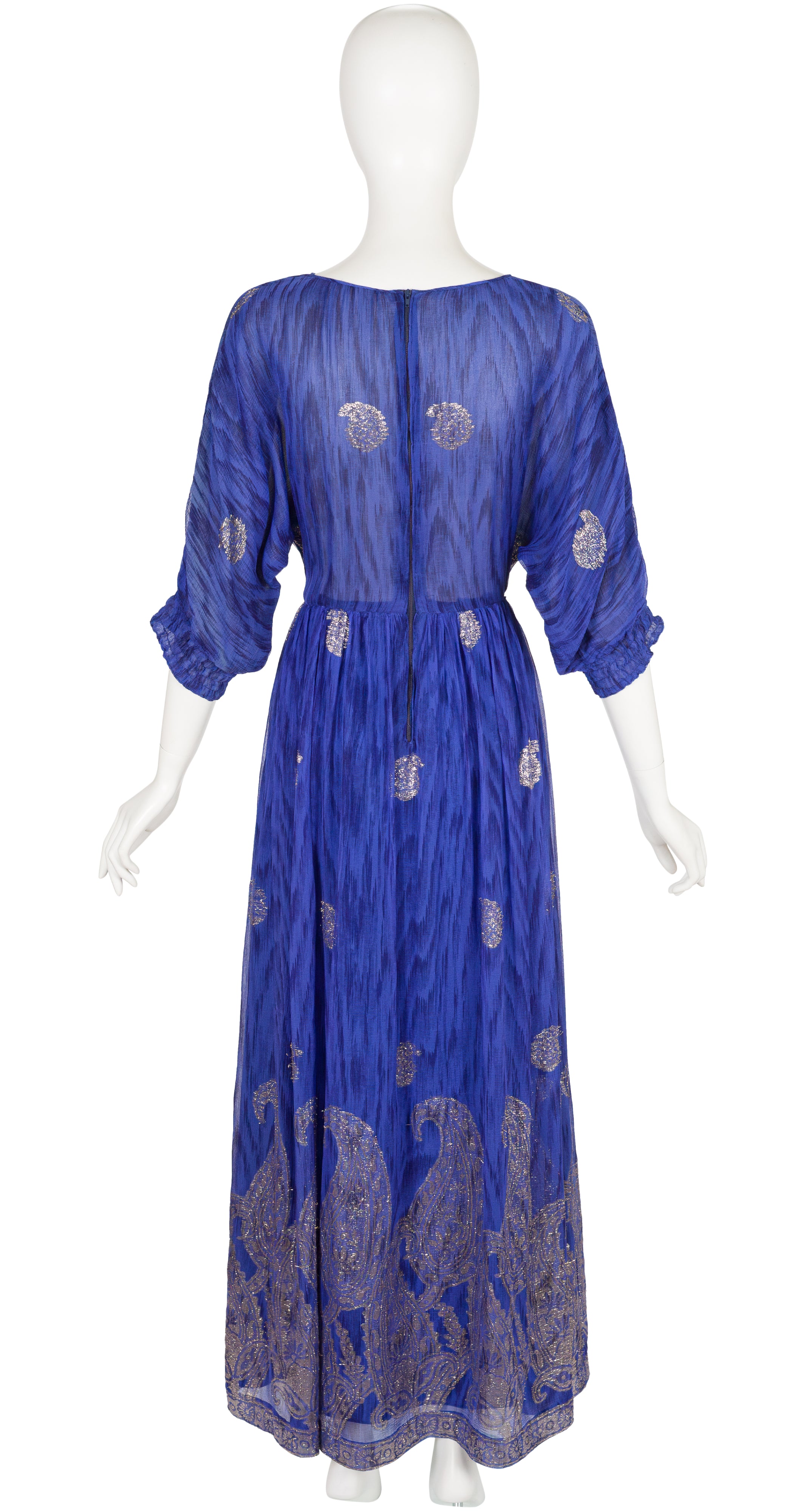1970s Paisley Lurex Indigo Silk Chiffon Gown