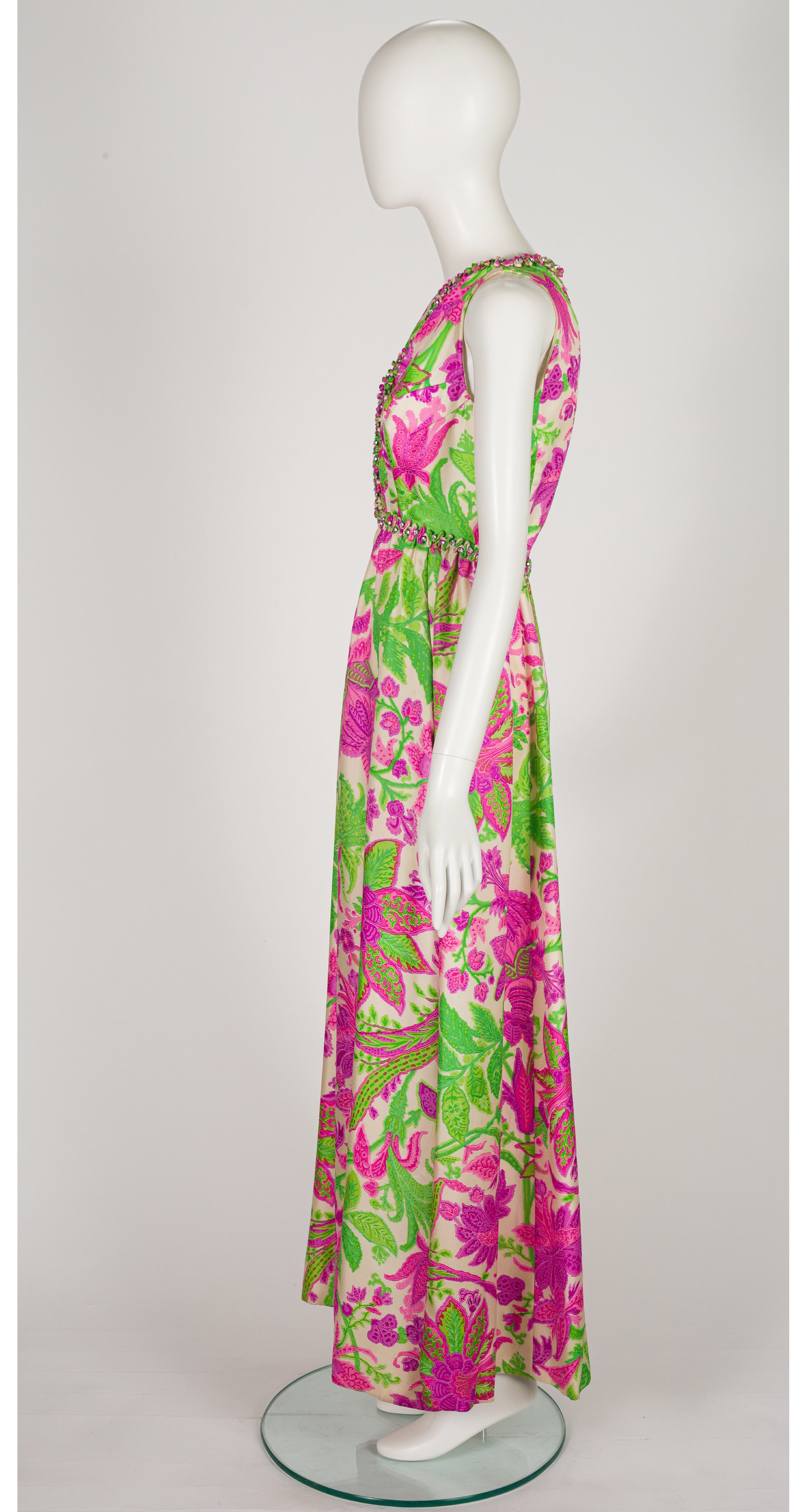 1960s Pink & Green Floral Print Silk Twill Evening Gown