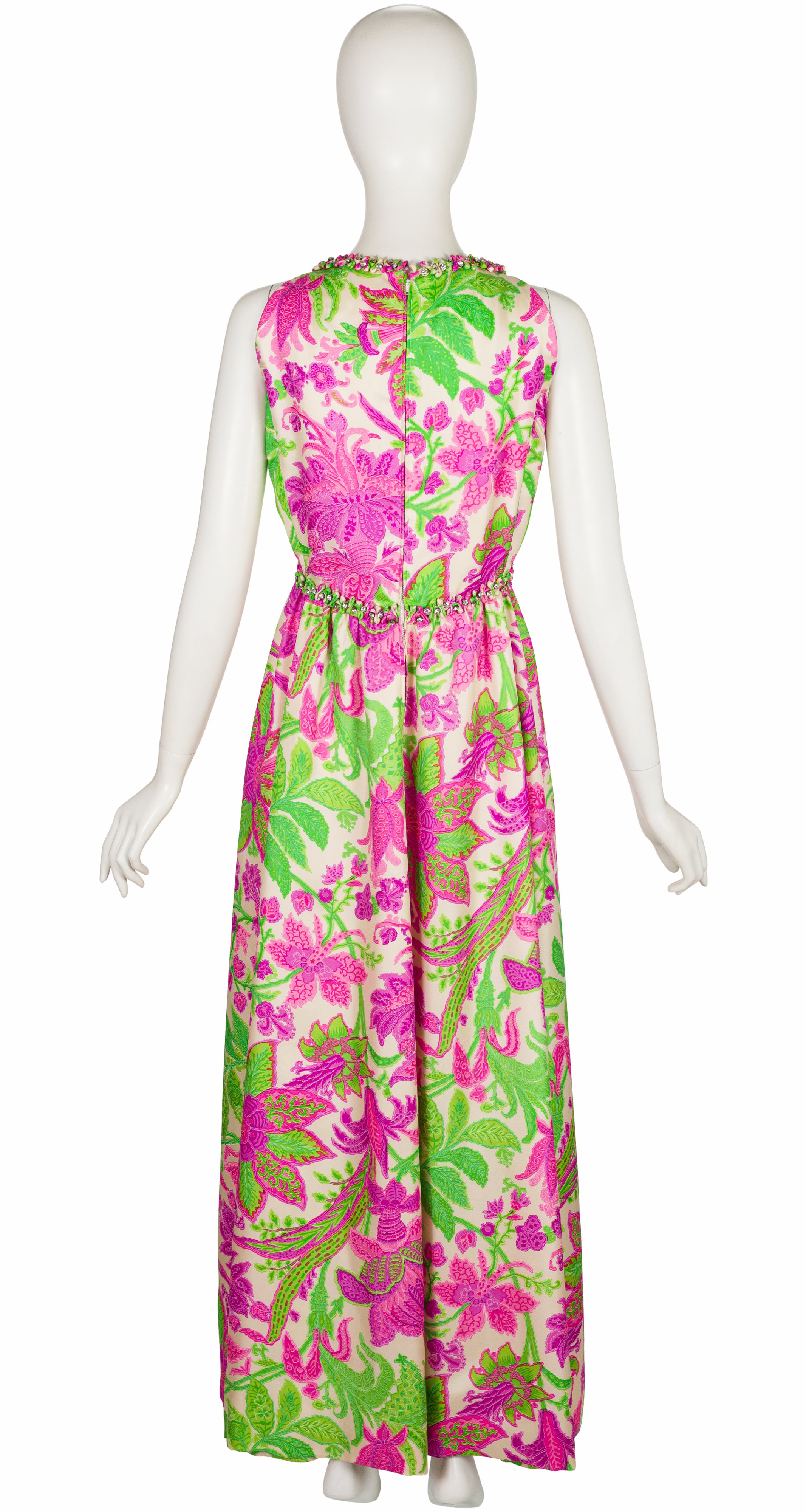 1960s Pink & Green Floral Print Silk Twill Evening Gown
