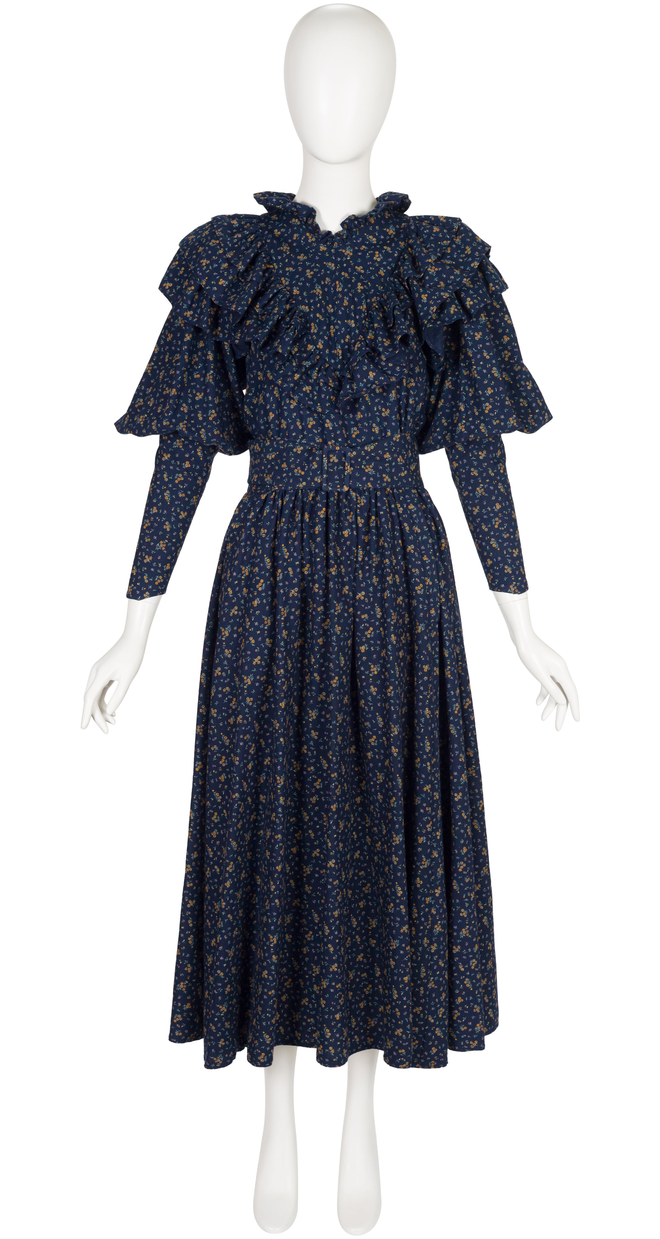 1980s Floral Navy Cotton Ruffle Mutton Sleeve Dress