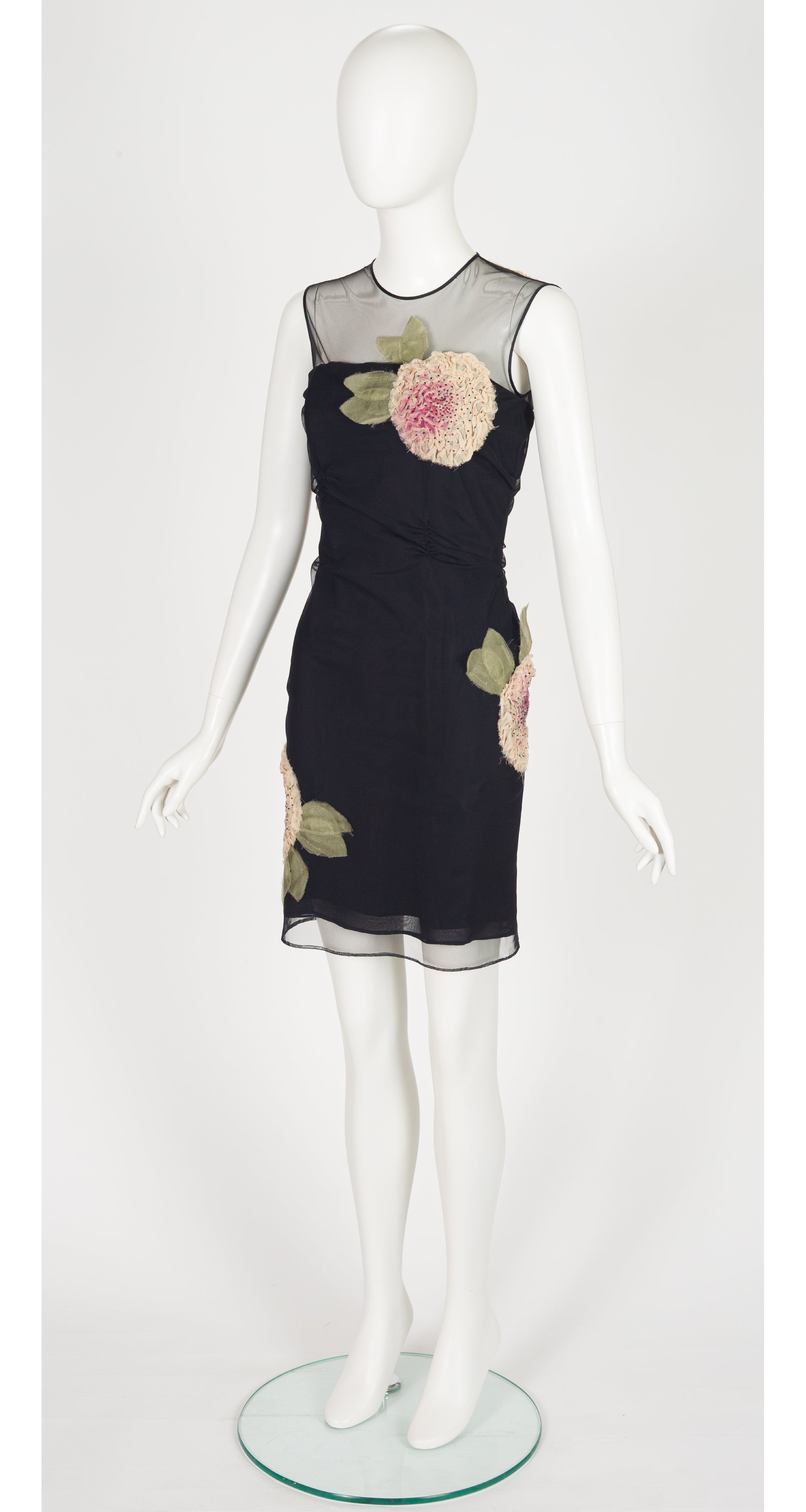 2004 S/S Black Mesh Flower Appliqué Cocktail Dress