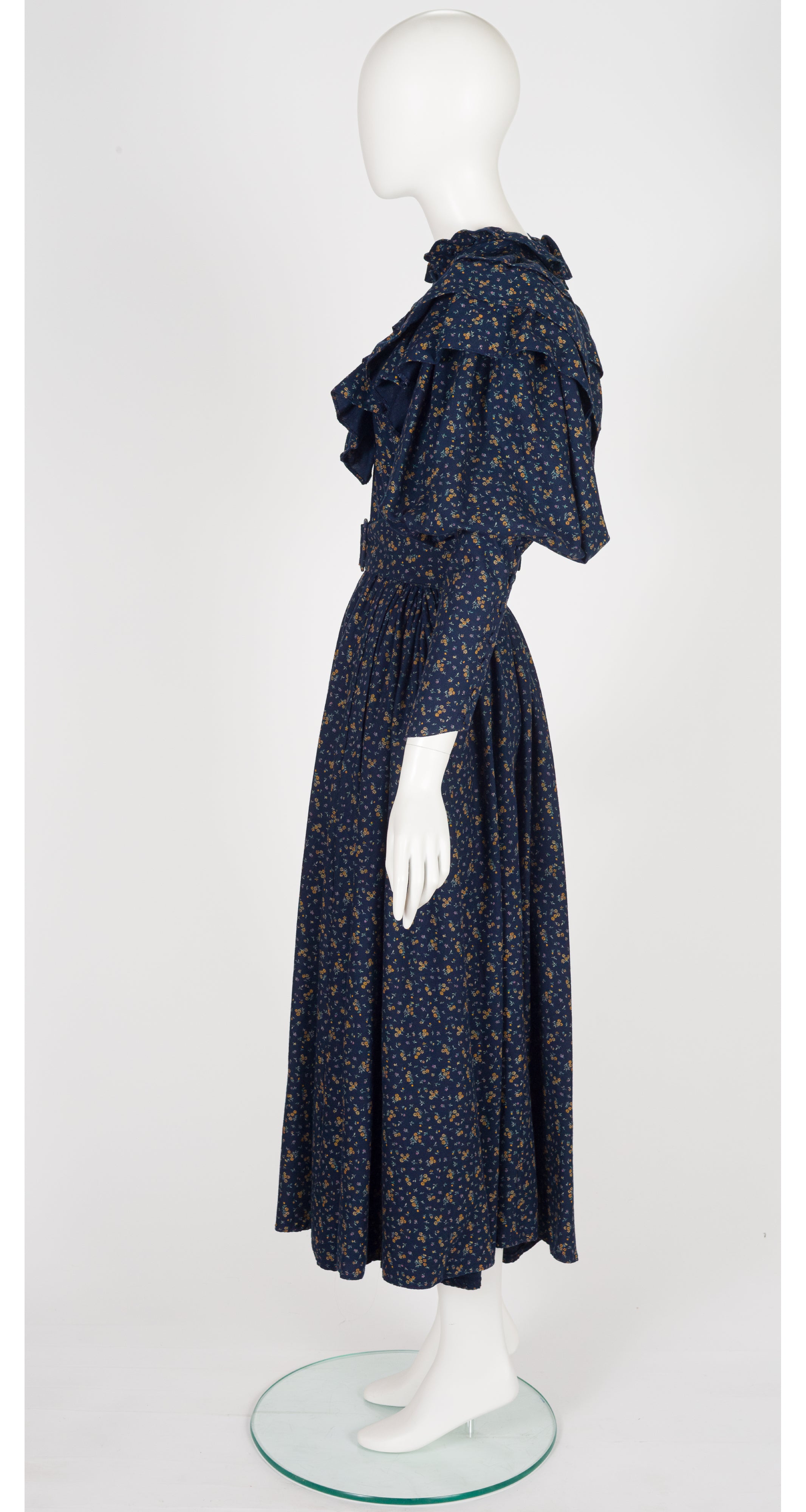 1980s Floral Navy Cotton Ruffle Mutton Sleeve Dress