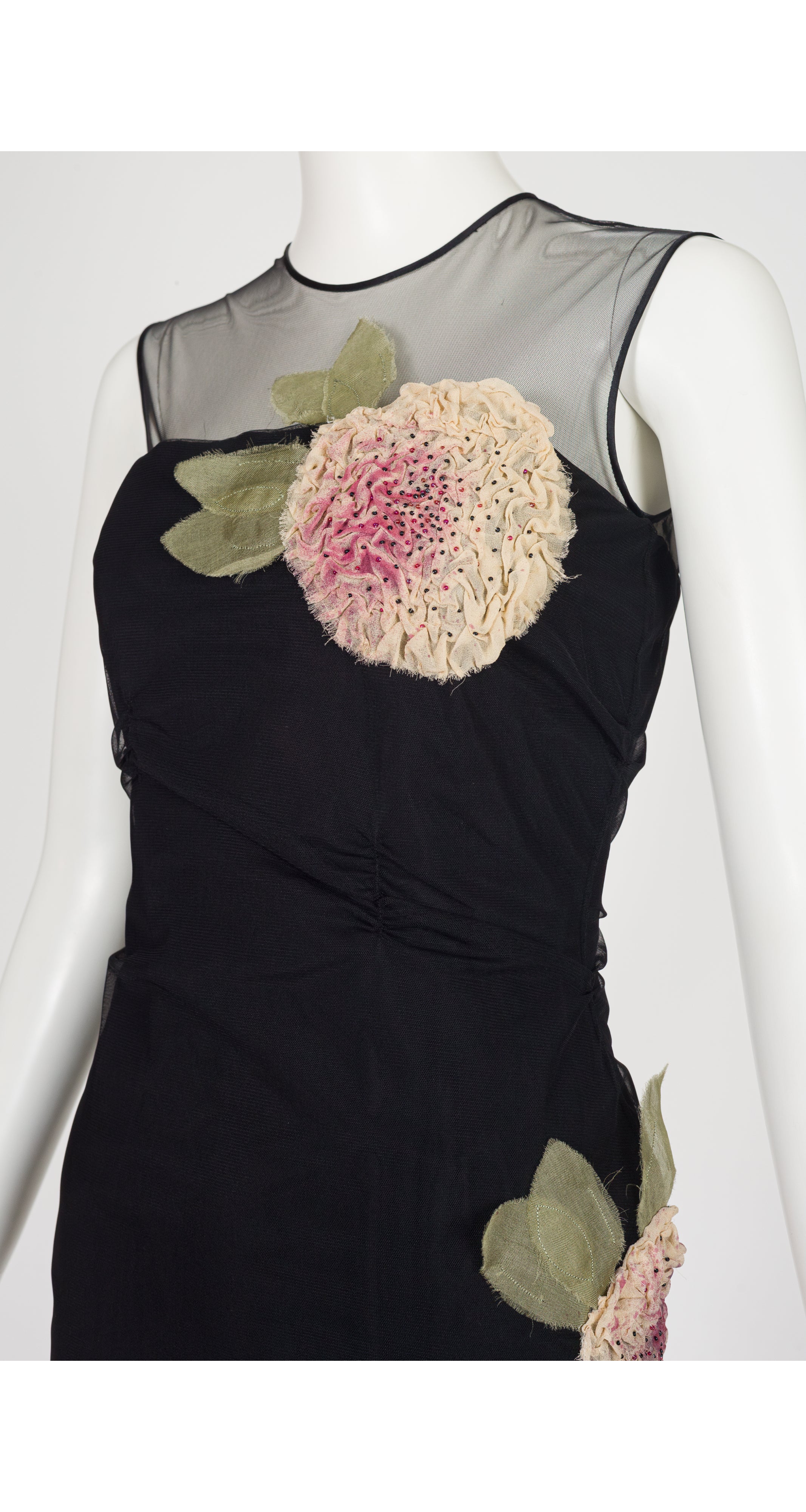 2004 S/S Black Mesh Flower Appliqué Cocktail Dress
