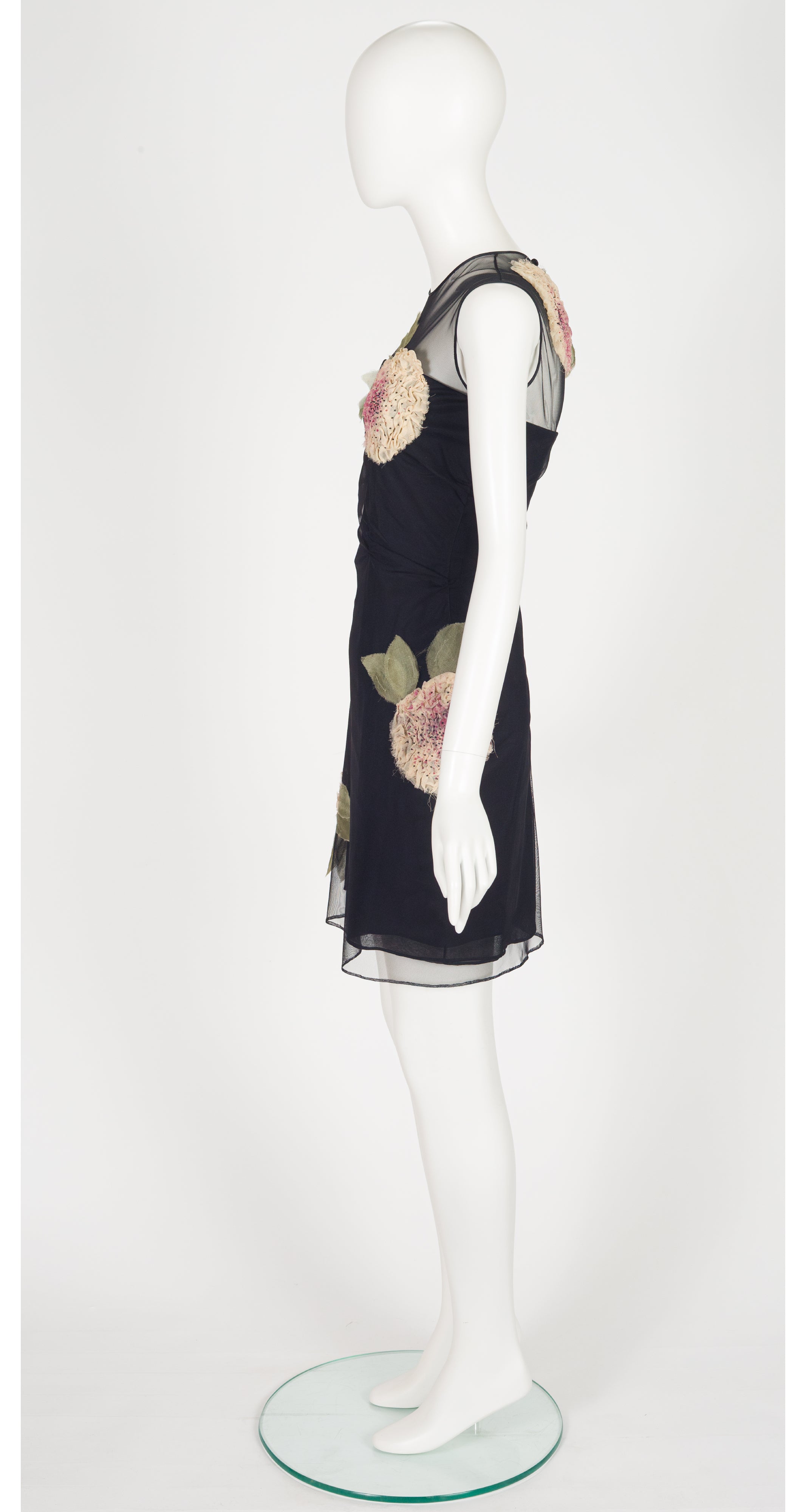 2004 S/S Black Mesh Flower Appliqué Cocktail Dress