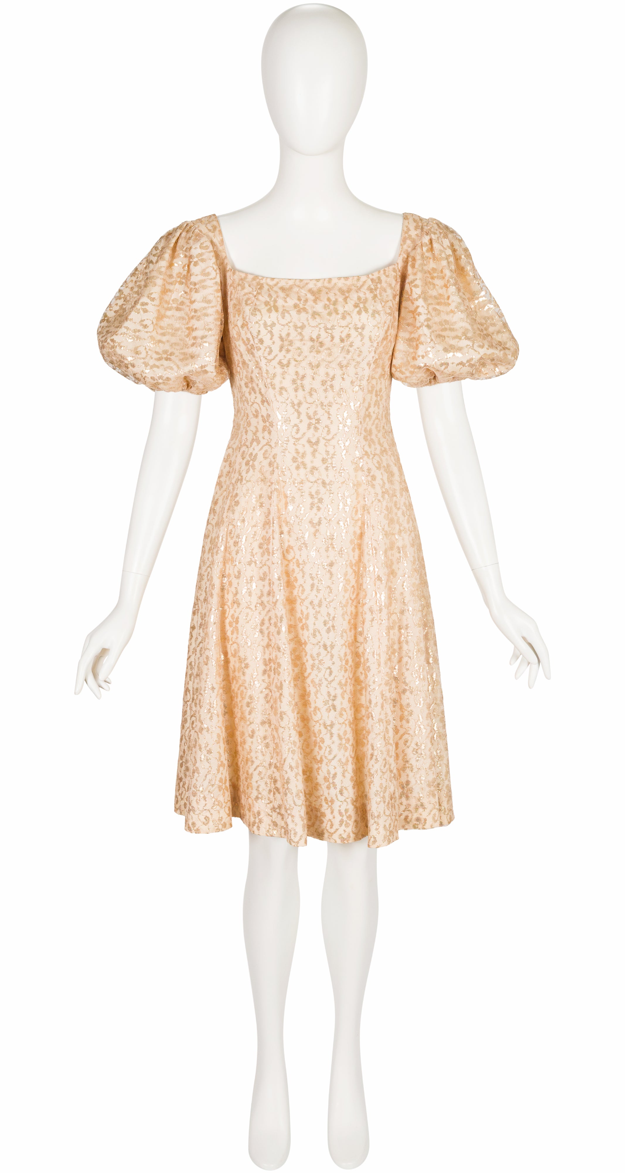 1950s Floral Gold Lace Puff Sleeve Cocktail Dress