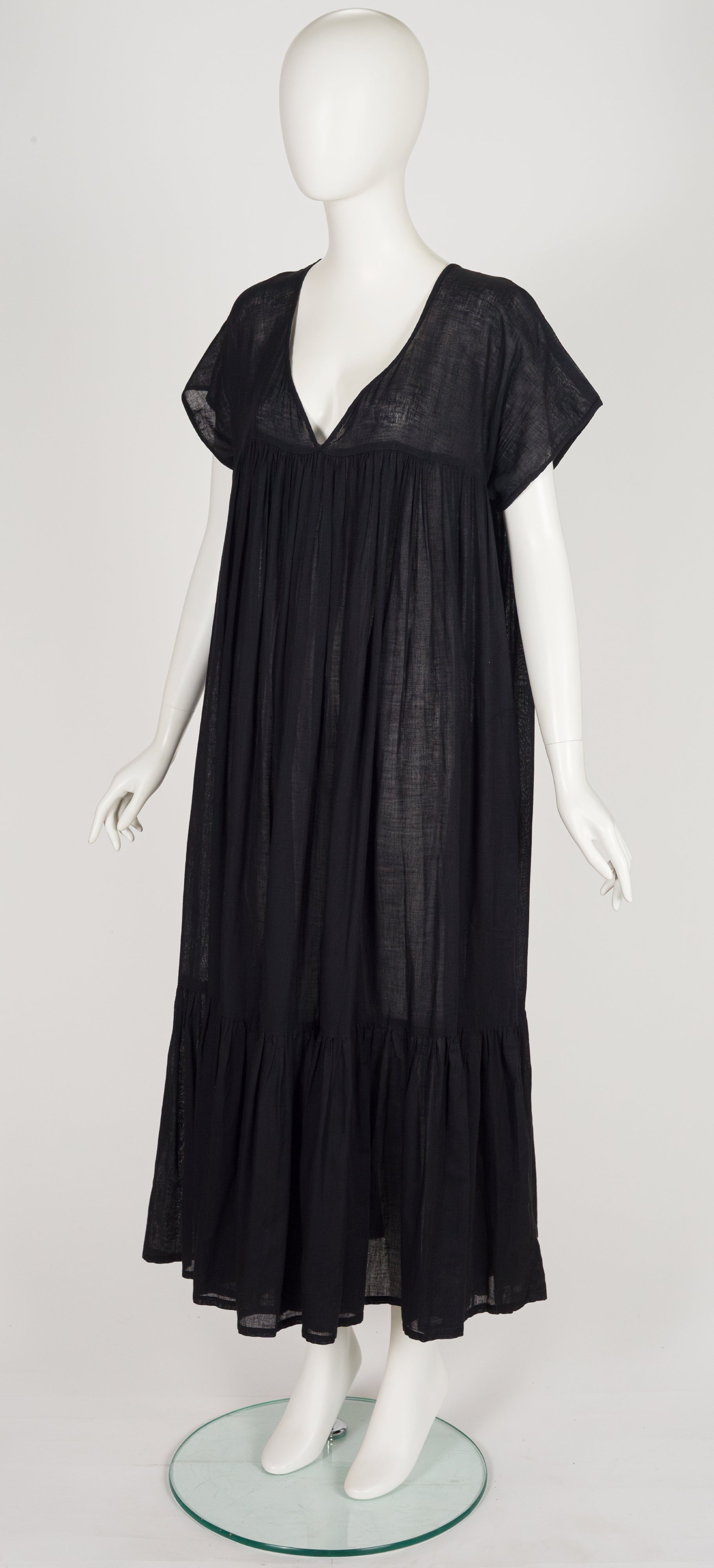 1970s Black Cotton Gauze V-Neck Tent Dress