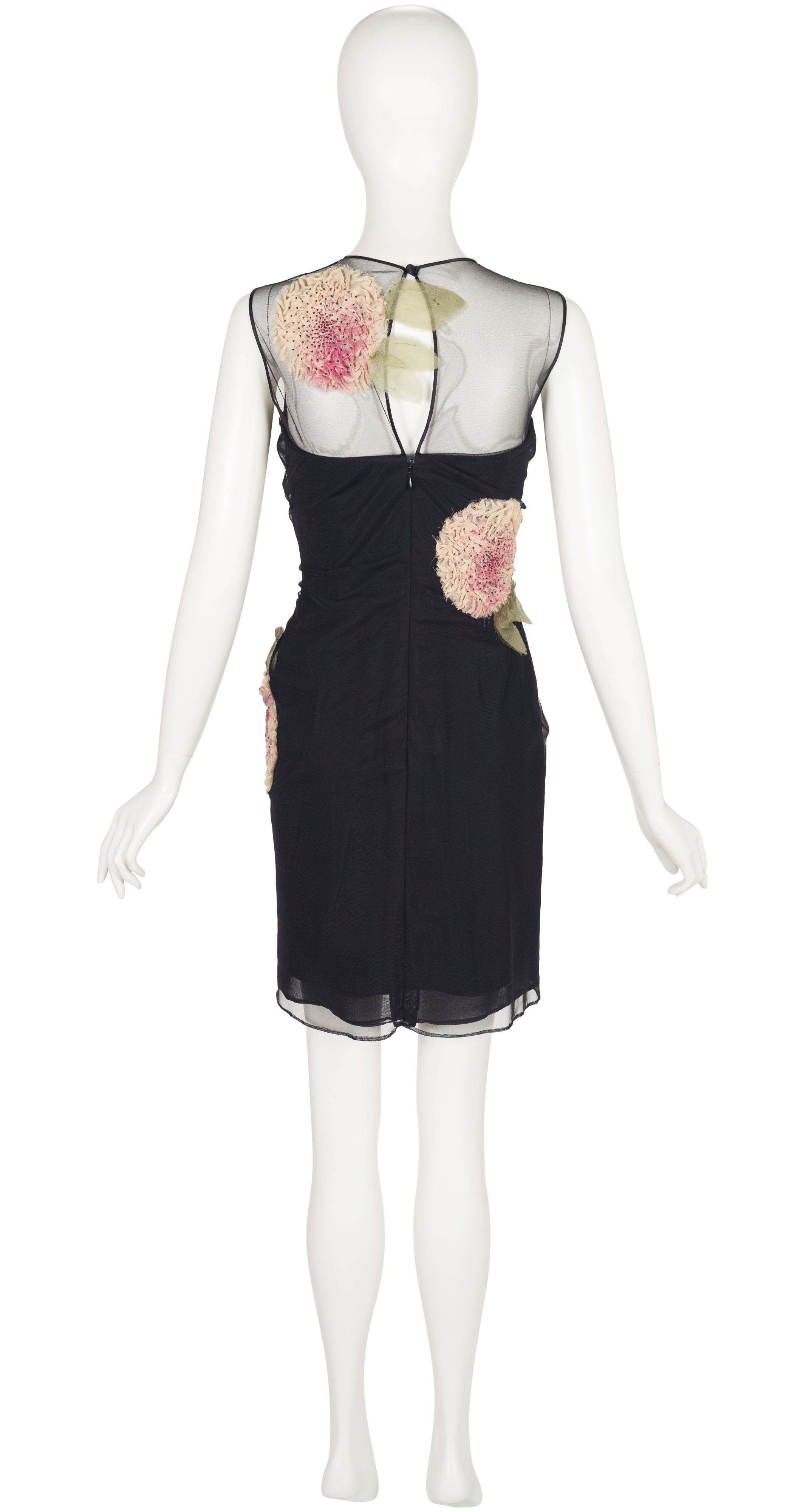 2004 S/S Black Mesh Flower Appliqué Cocktail Dress