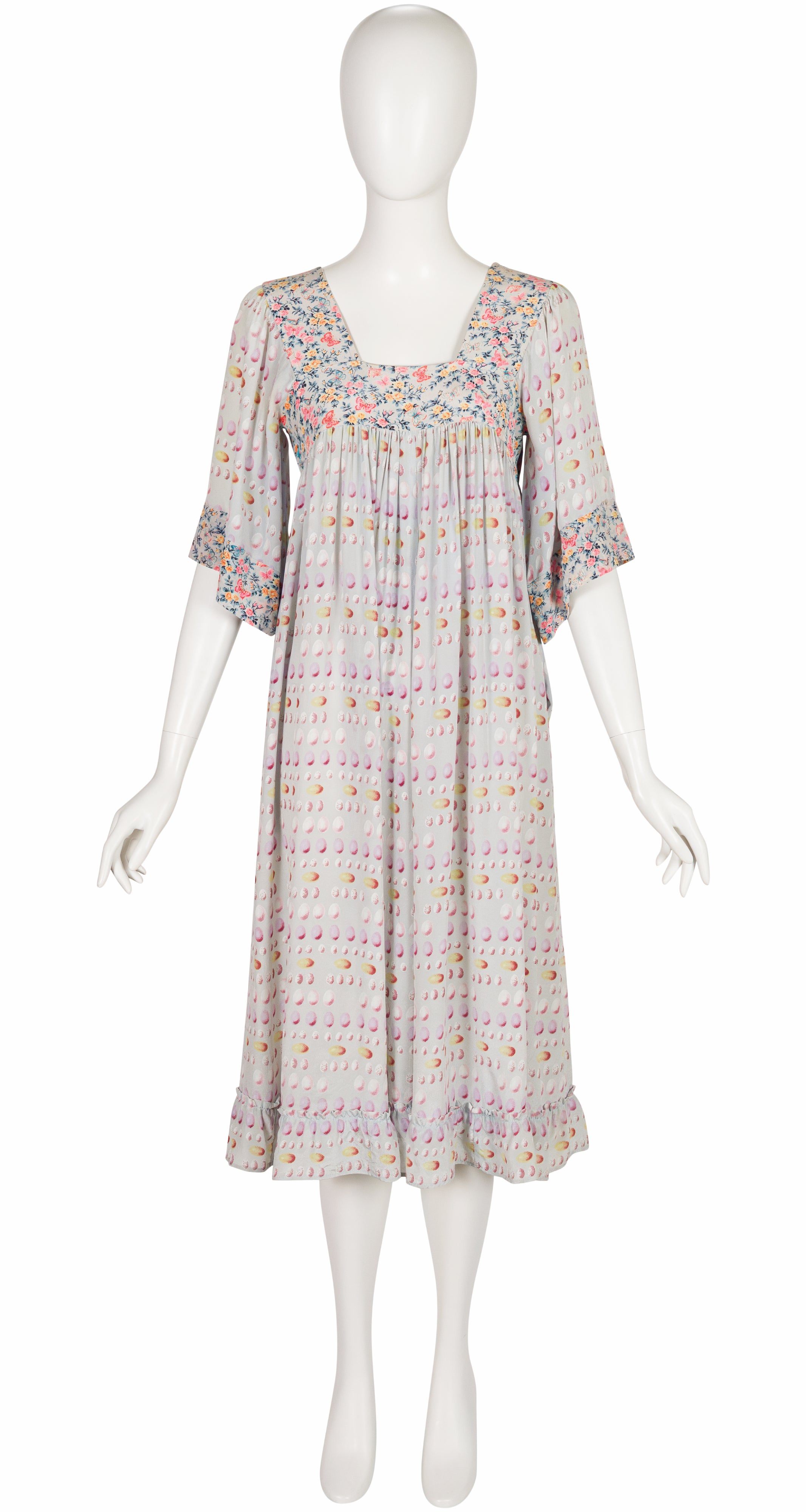 1978 S/S Egg Mixed Print Powder Blue Silk Peasant Dress
