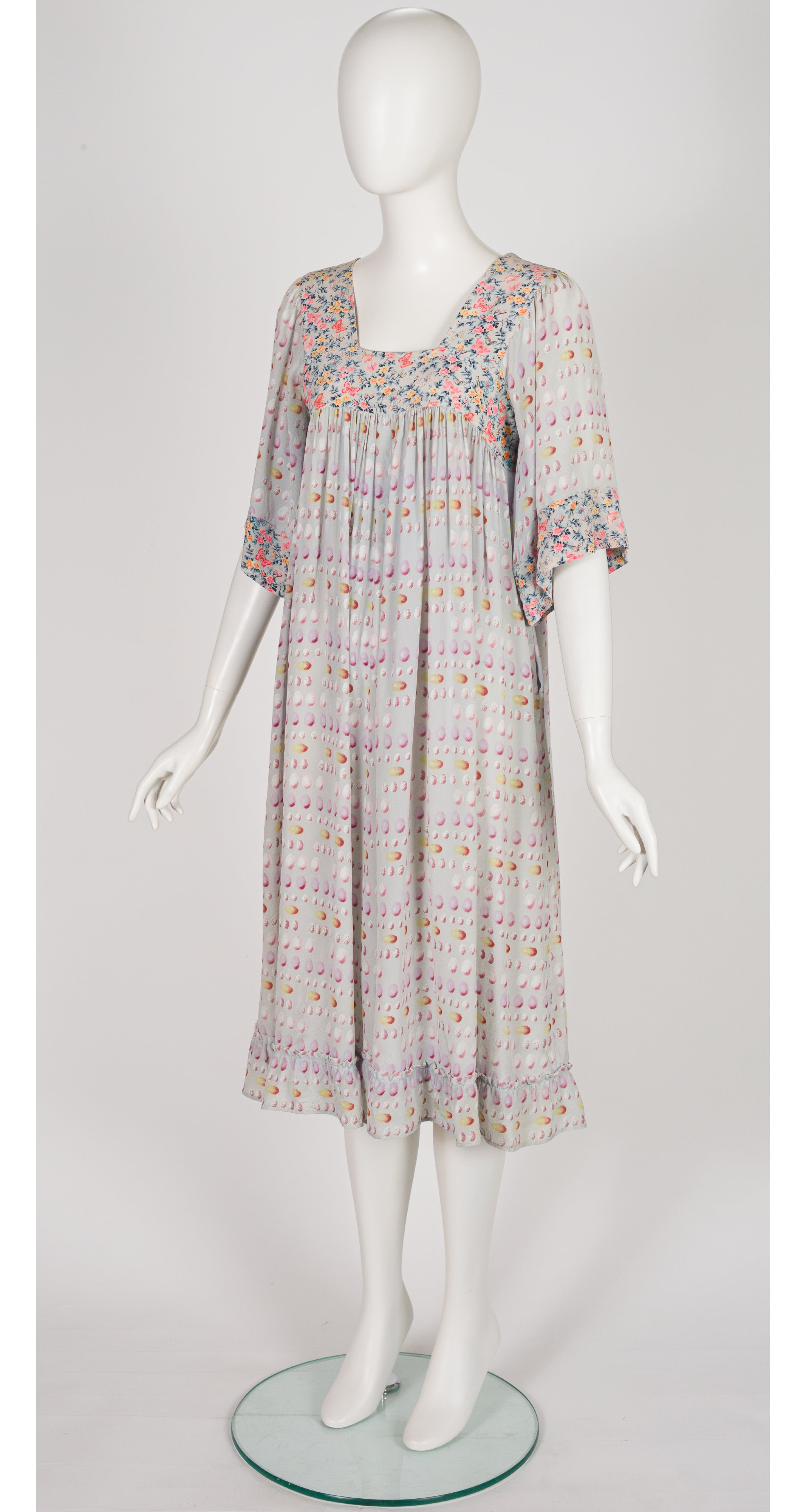 1978 S/S Egg Mixed Print Powder Blue Silk Peasant Dress
