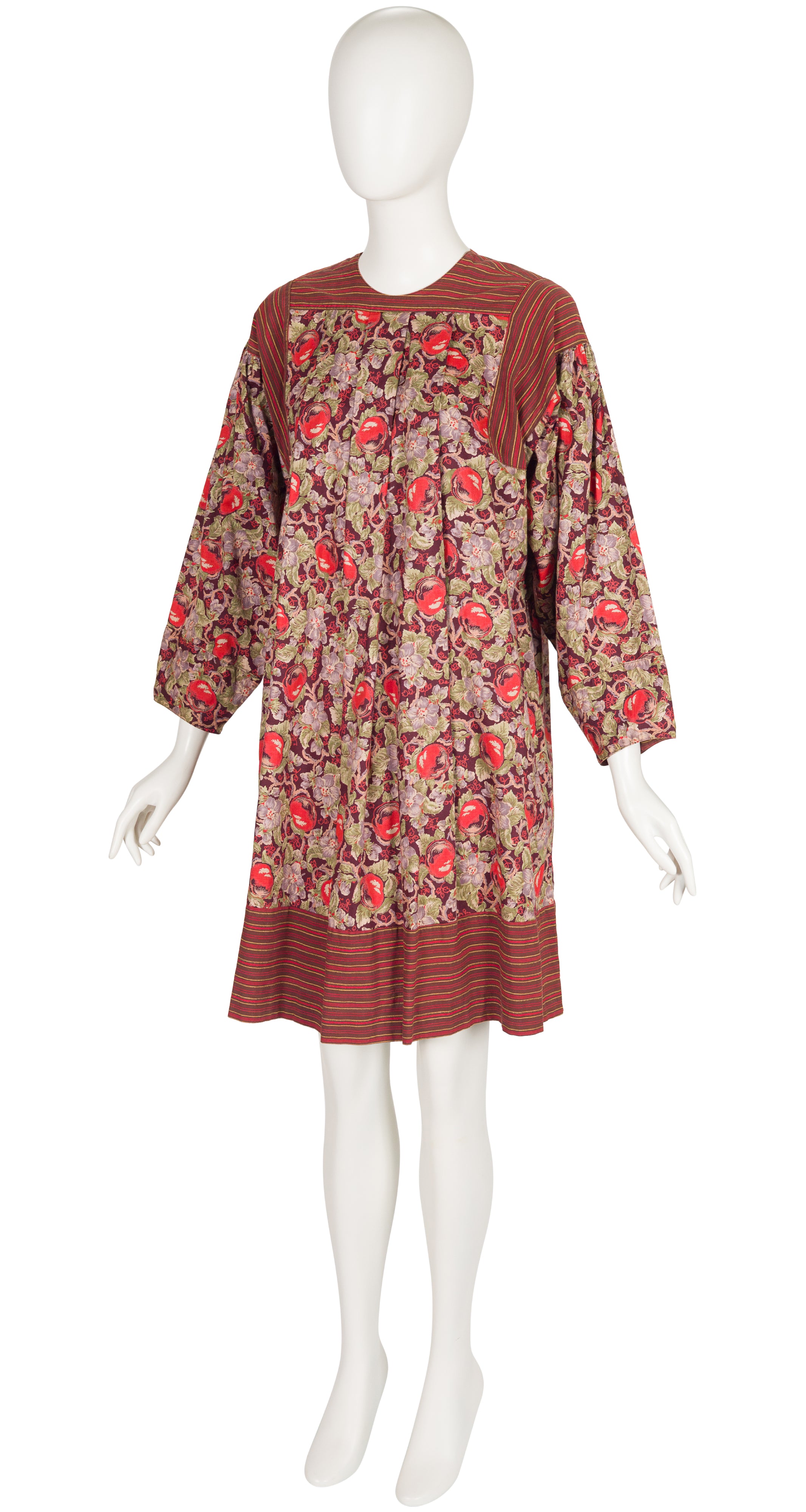 1980s Apple Print Burgundy Cotton Belted Dress