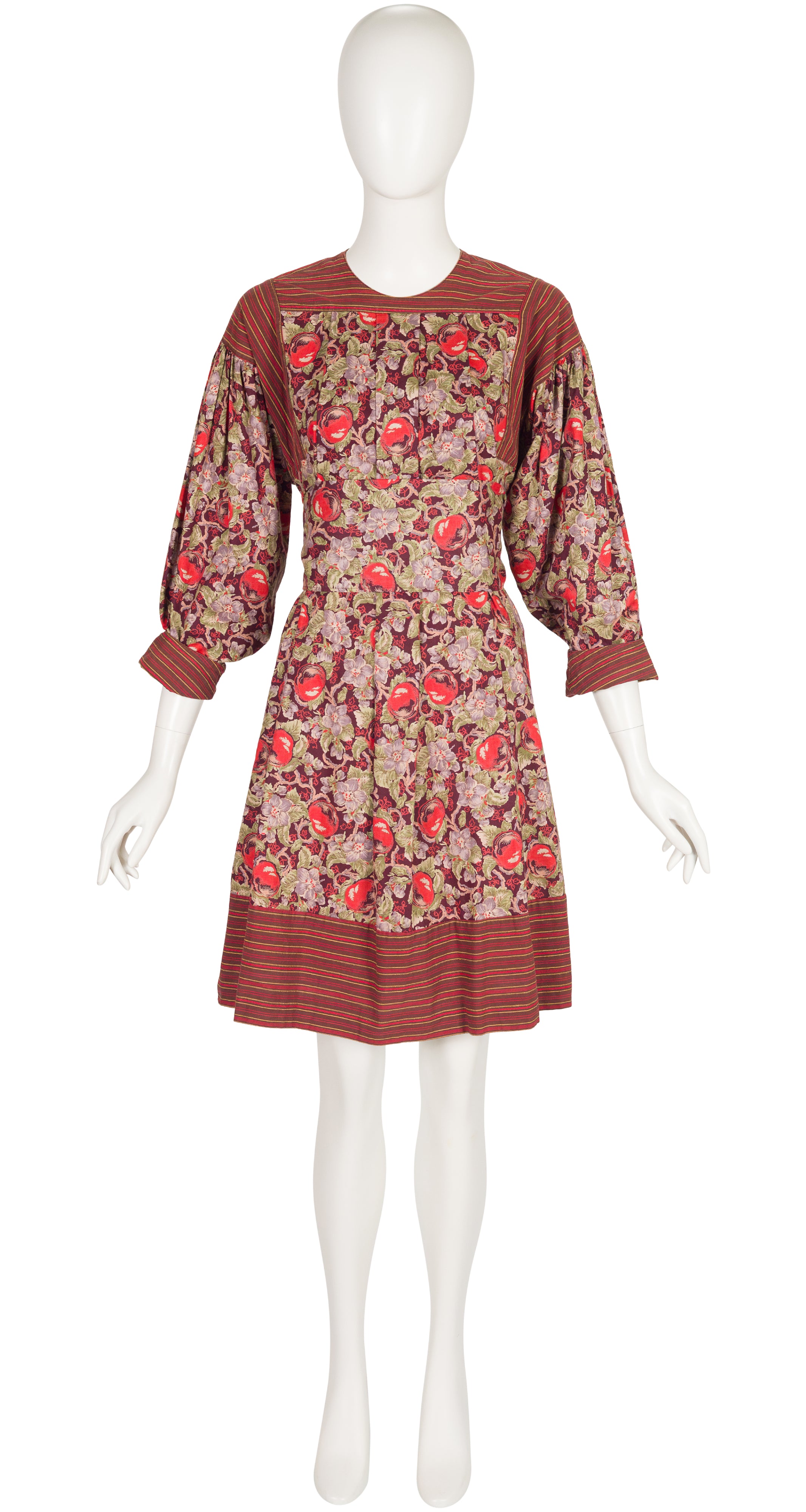 1980s Apple Print Burgundy Cotton Belted Dress