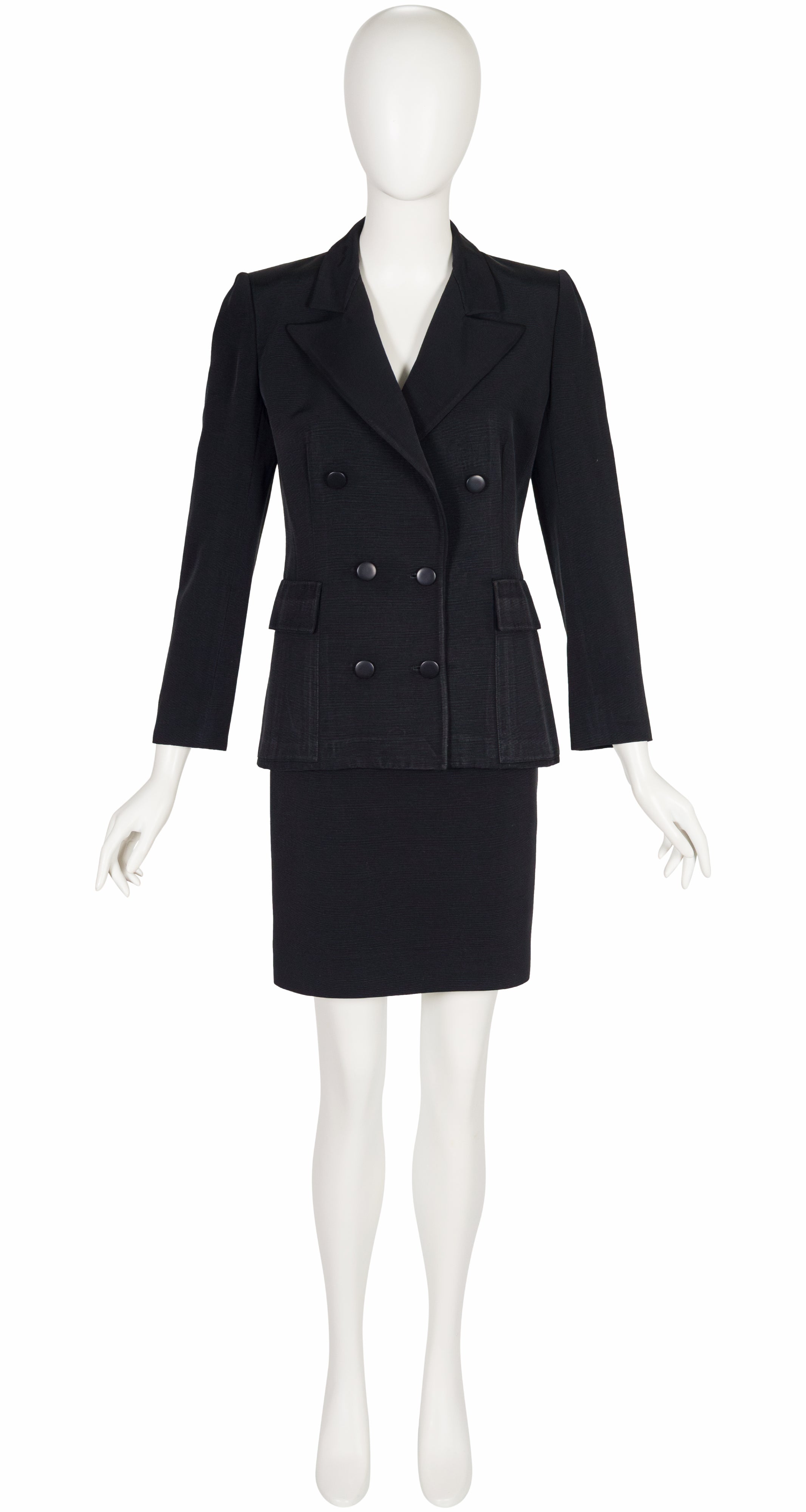 1980s Black Faille Double-Breasted Tuxedo Skirt Suit