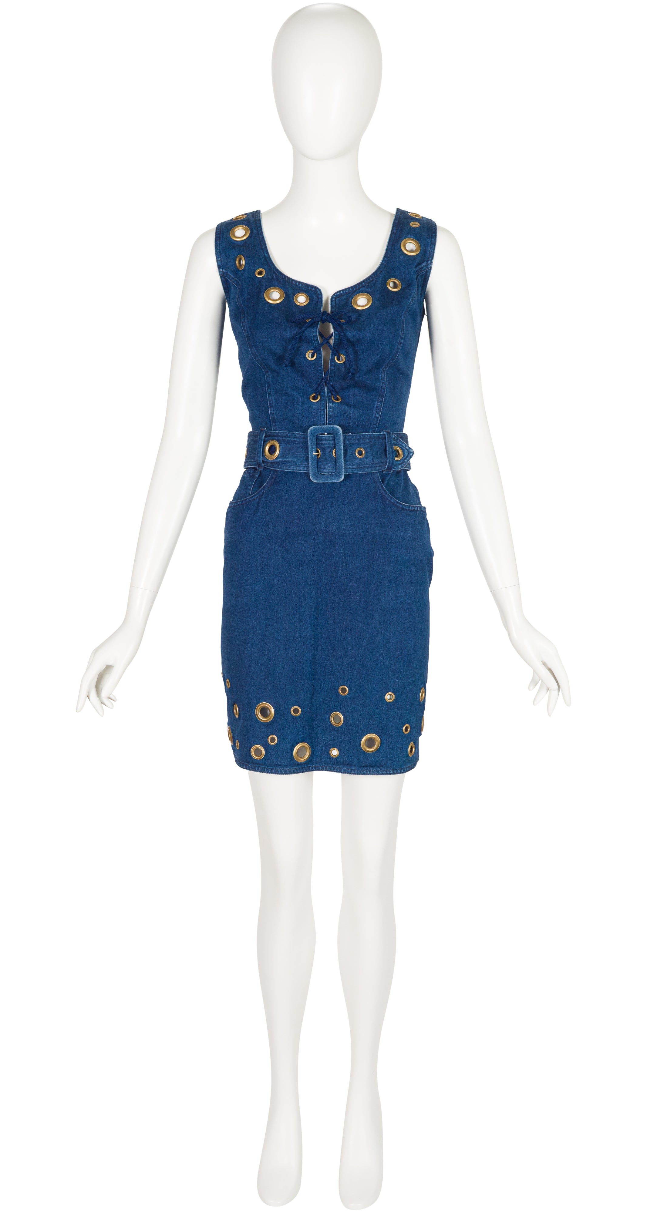 1990s Blue Denim Grommet Lace-Up Sleeveless Dress