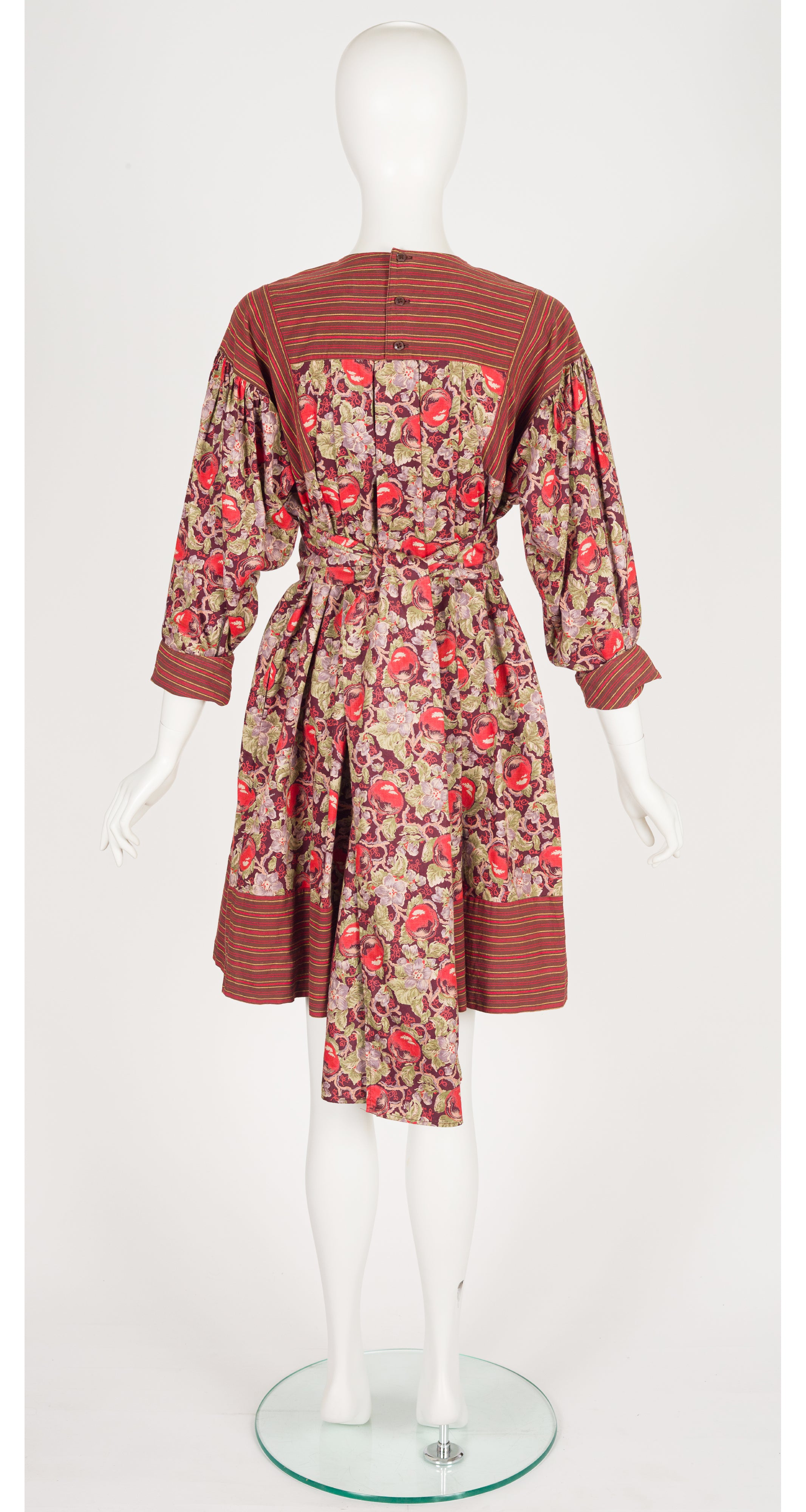 1980s Apple Print Burgundy Cotton Belted Dress