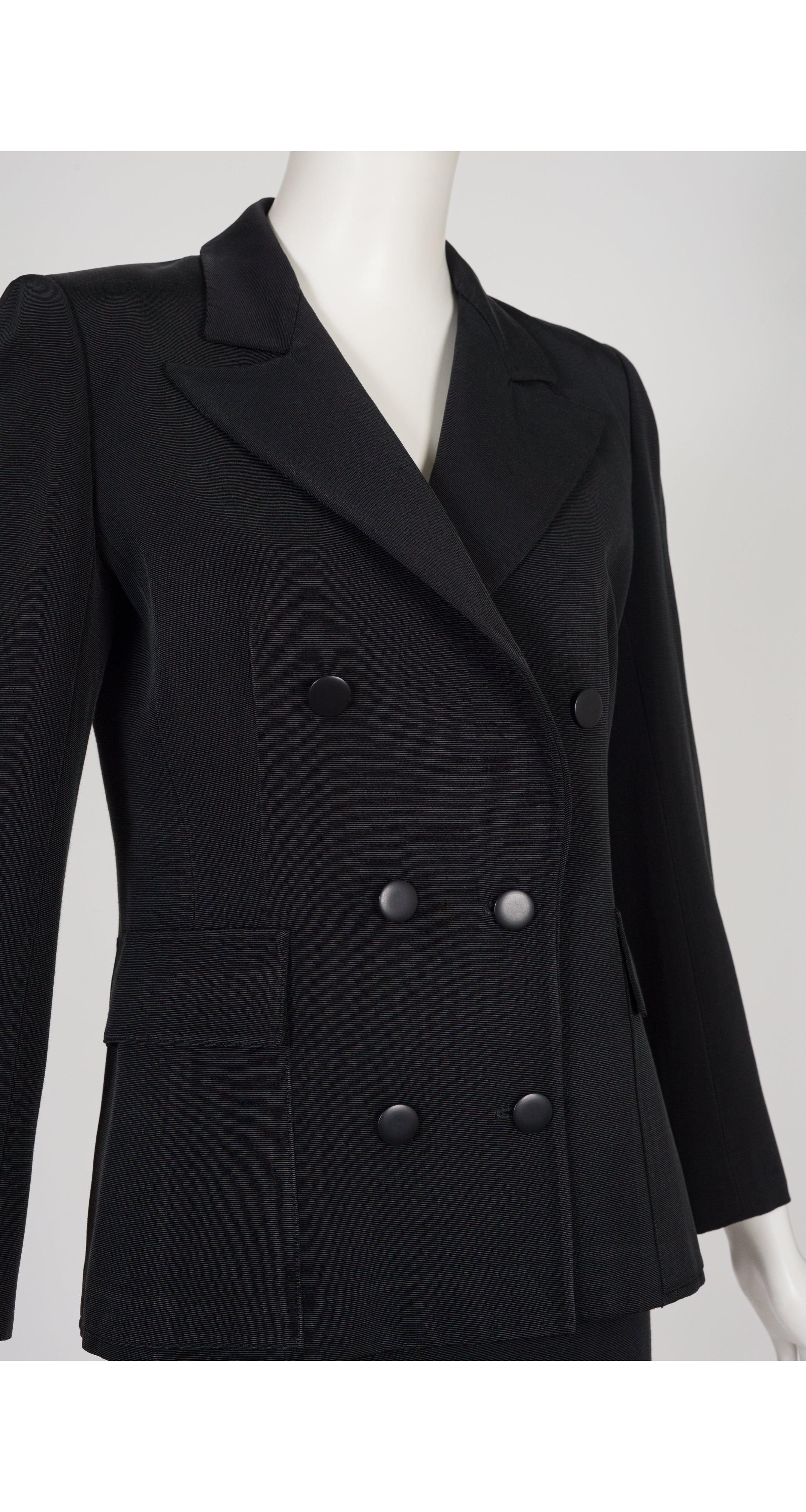 1980s Black Faille Double-Breasted Tuxedo Skirt Suit