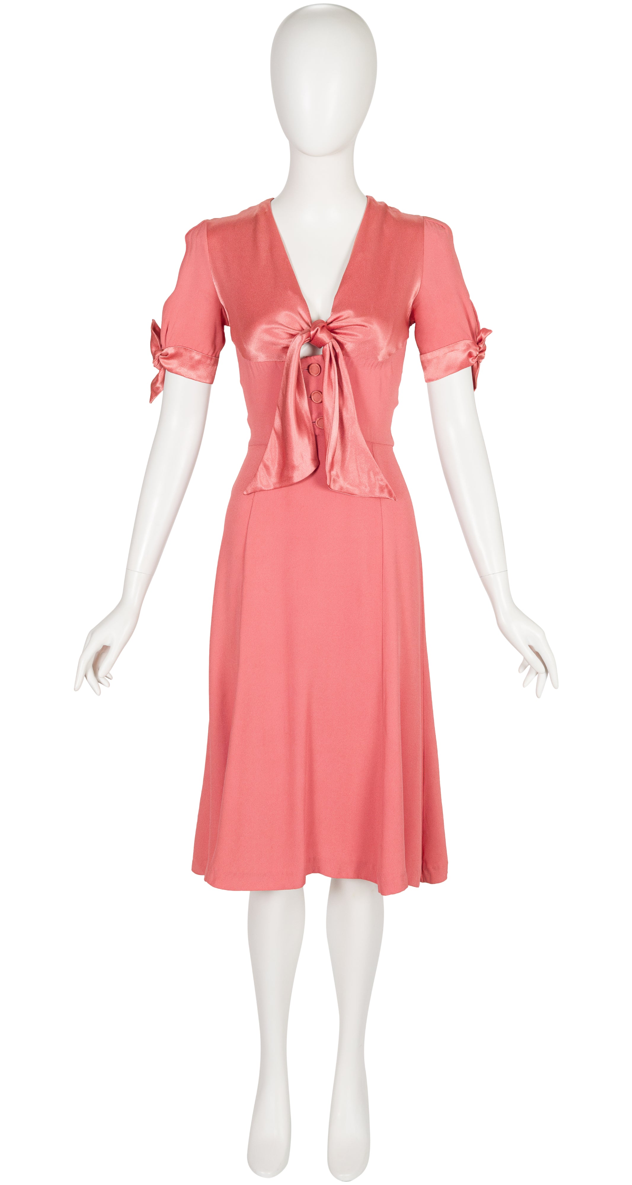 1970s Pink Crepe & Satin Tie-Bust Dress