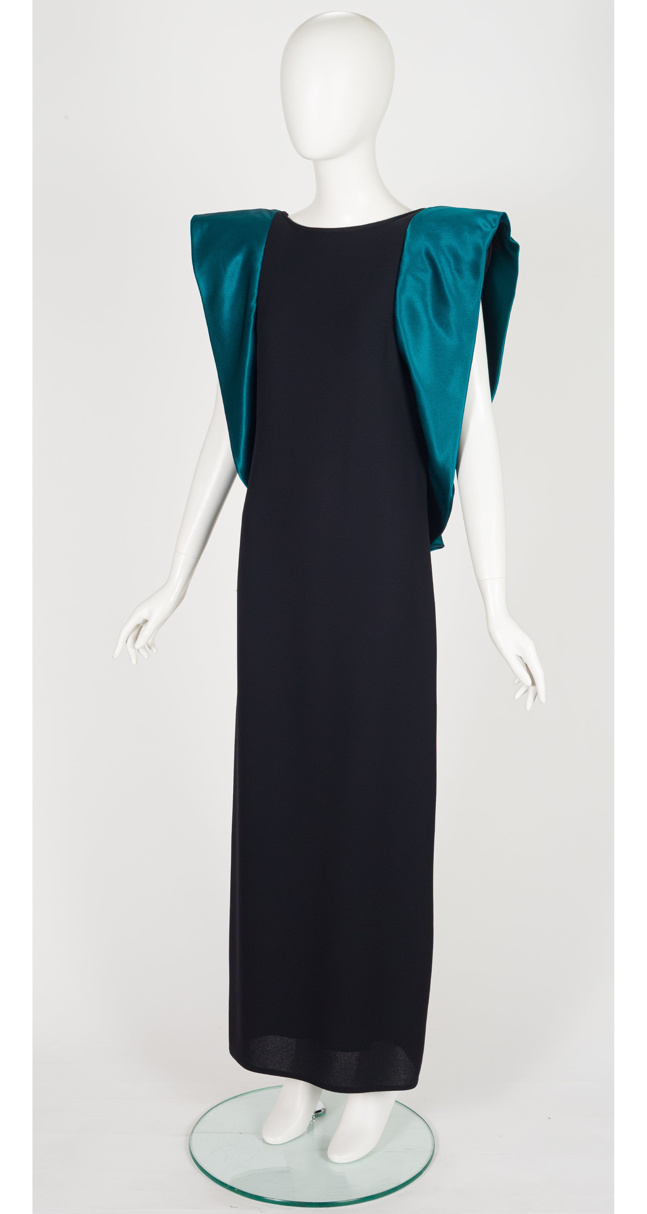1980s Architectural Teal Satin & Black Crepe Evening Gown
