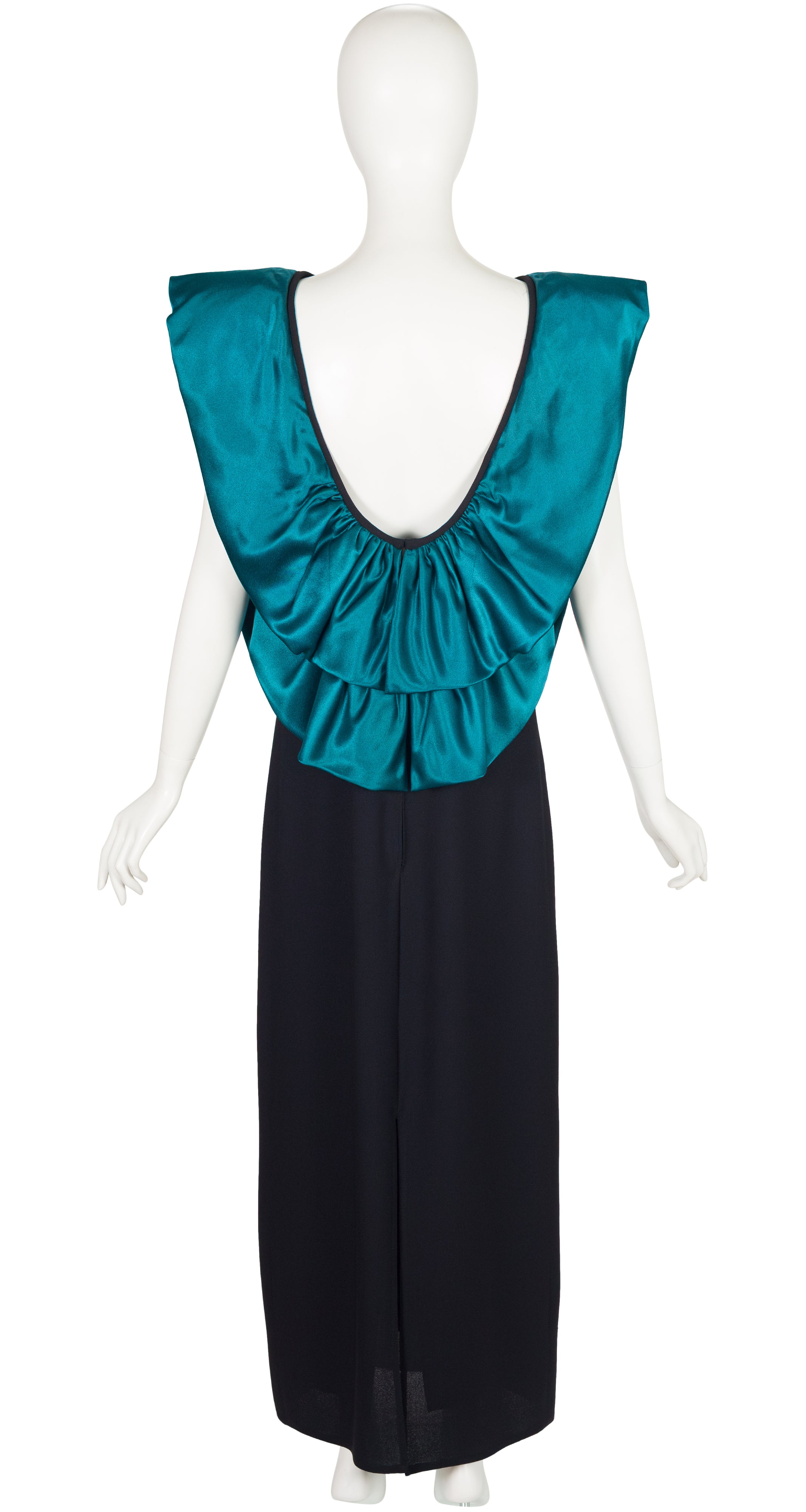 1980s Architectural Teal Satin & Black Crepe Evening Gown