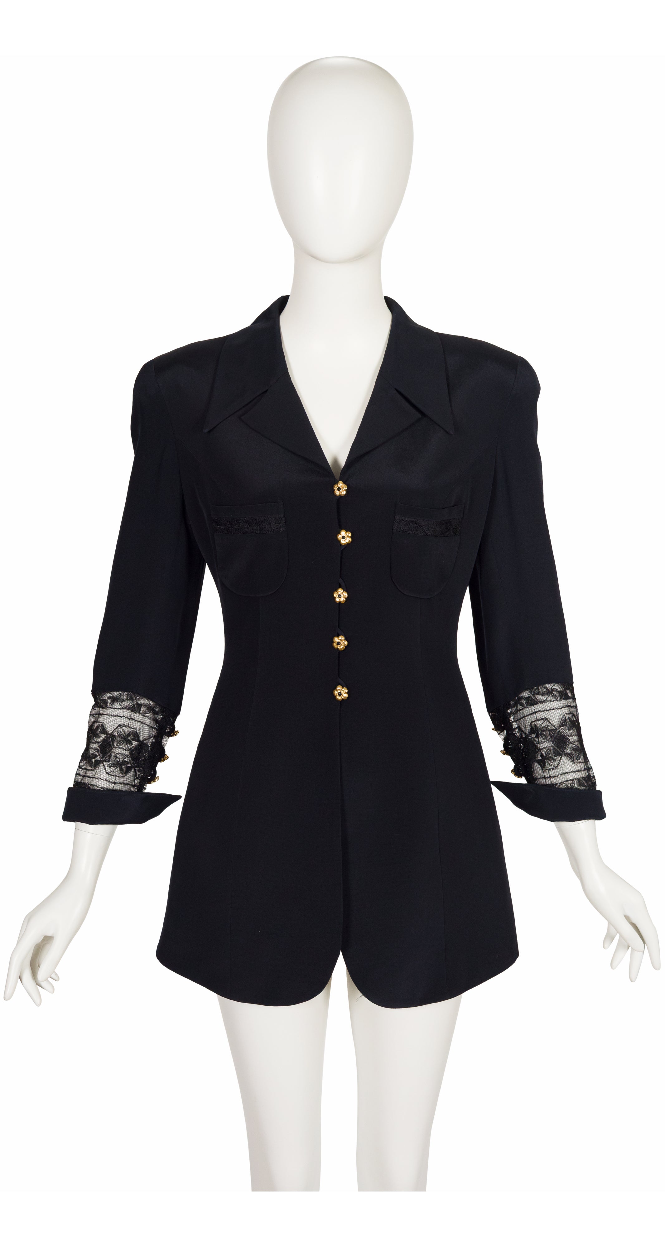 1990s Lace Inset Black Silk Crepe Jacket