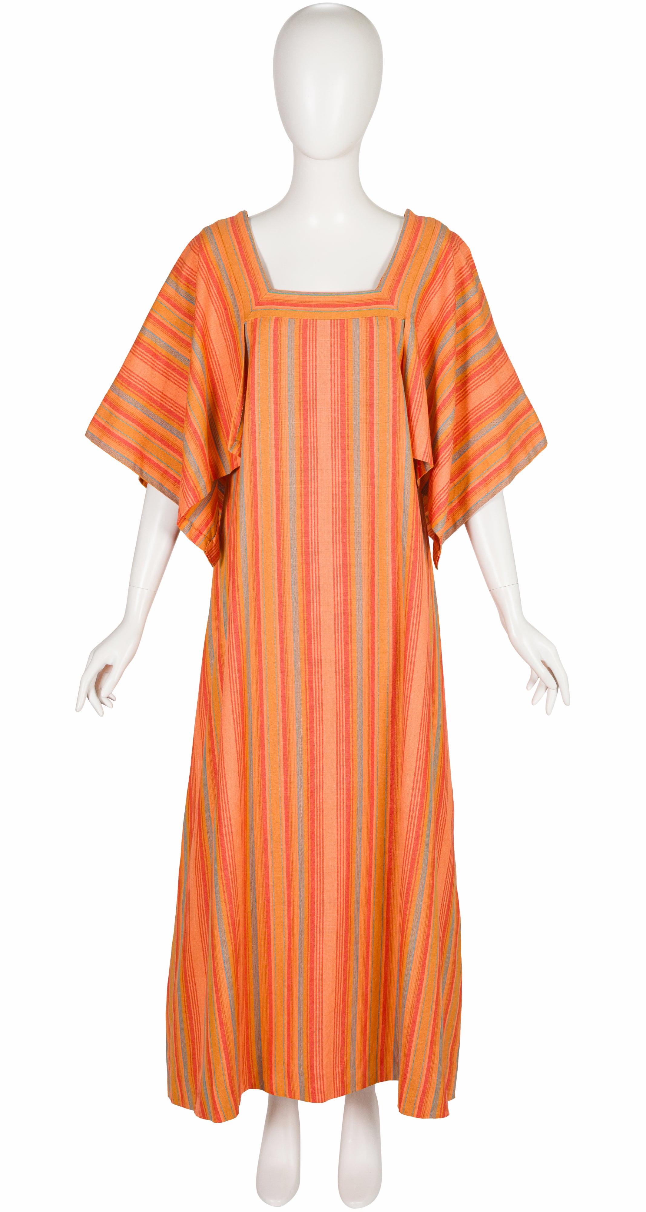 1970s Orange Striped Woven Cotton Caftan Dress