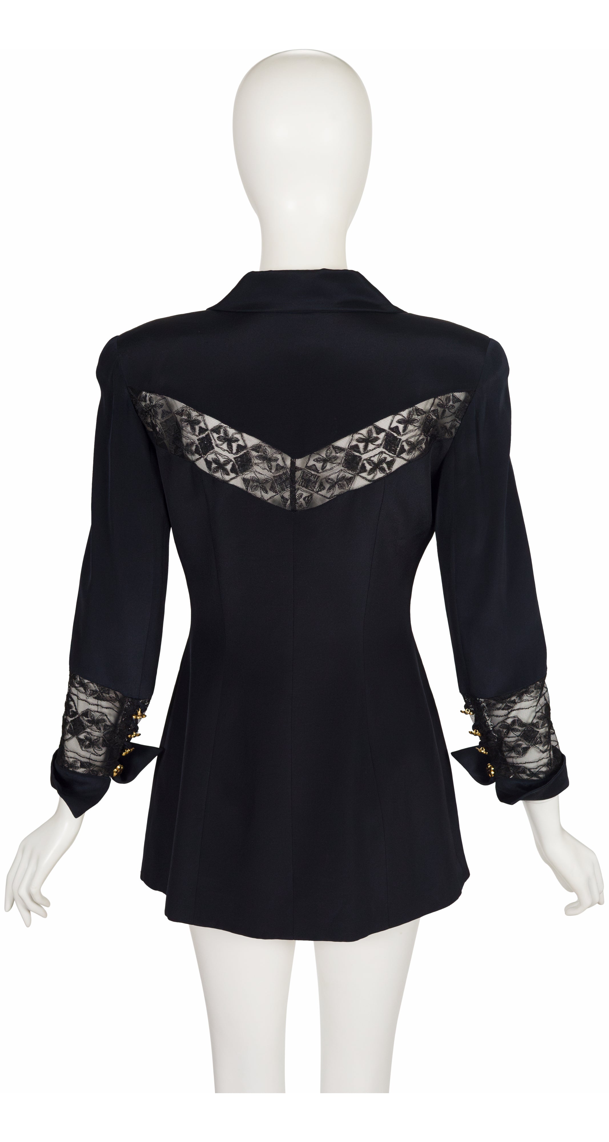1990s Lace Inset Black Silk Crepe Jacket