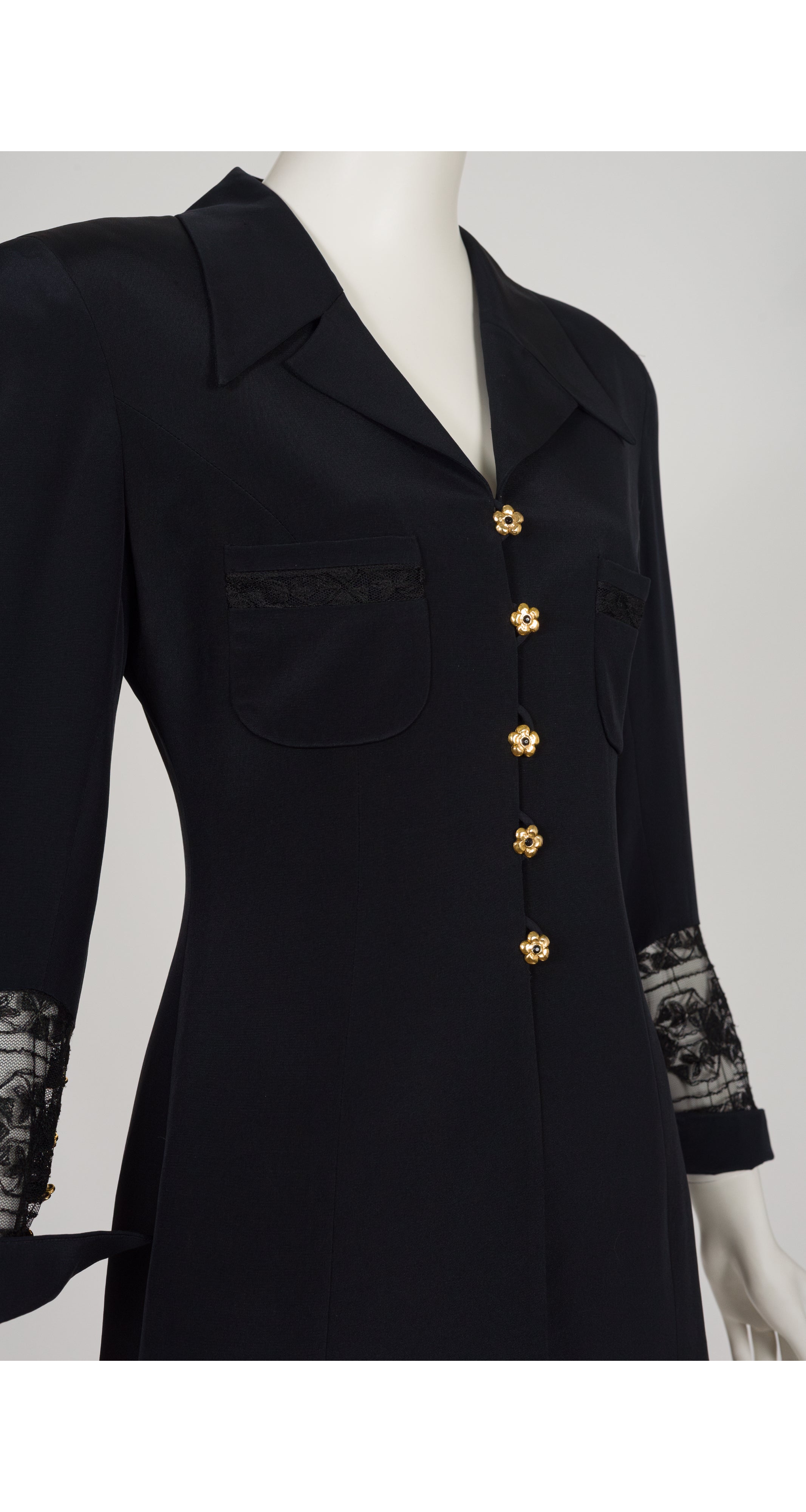 1990s Lace Inset Black Silk Crepe Jacket