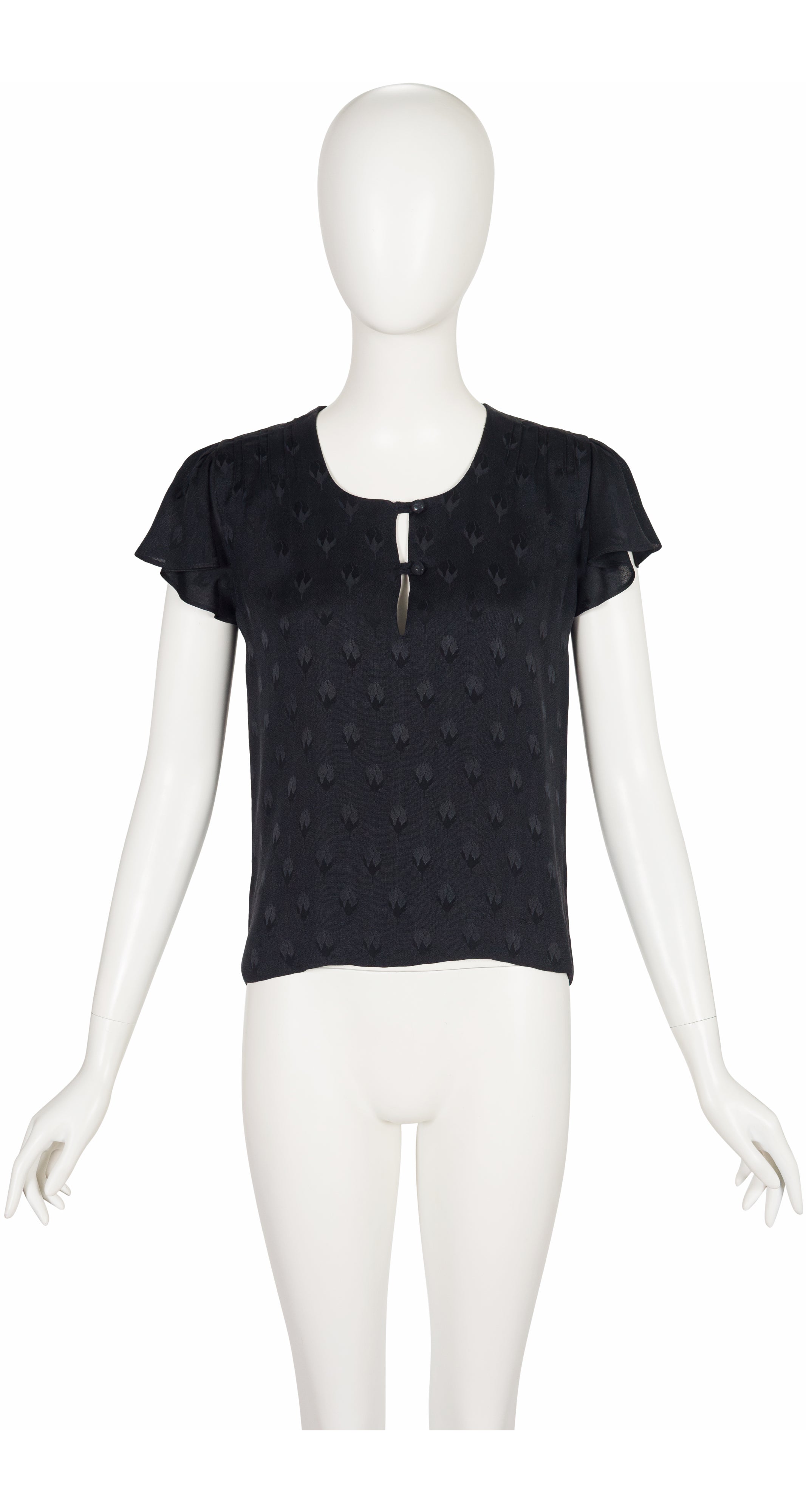 1970s Black Floral Silk Jacquard Flutter Sleeve Top