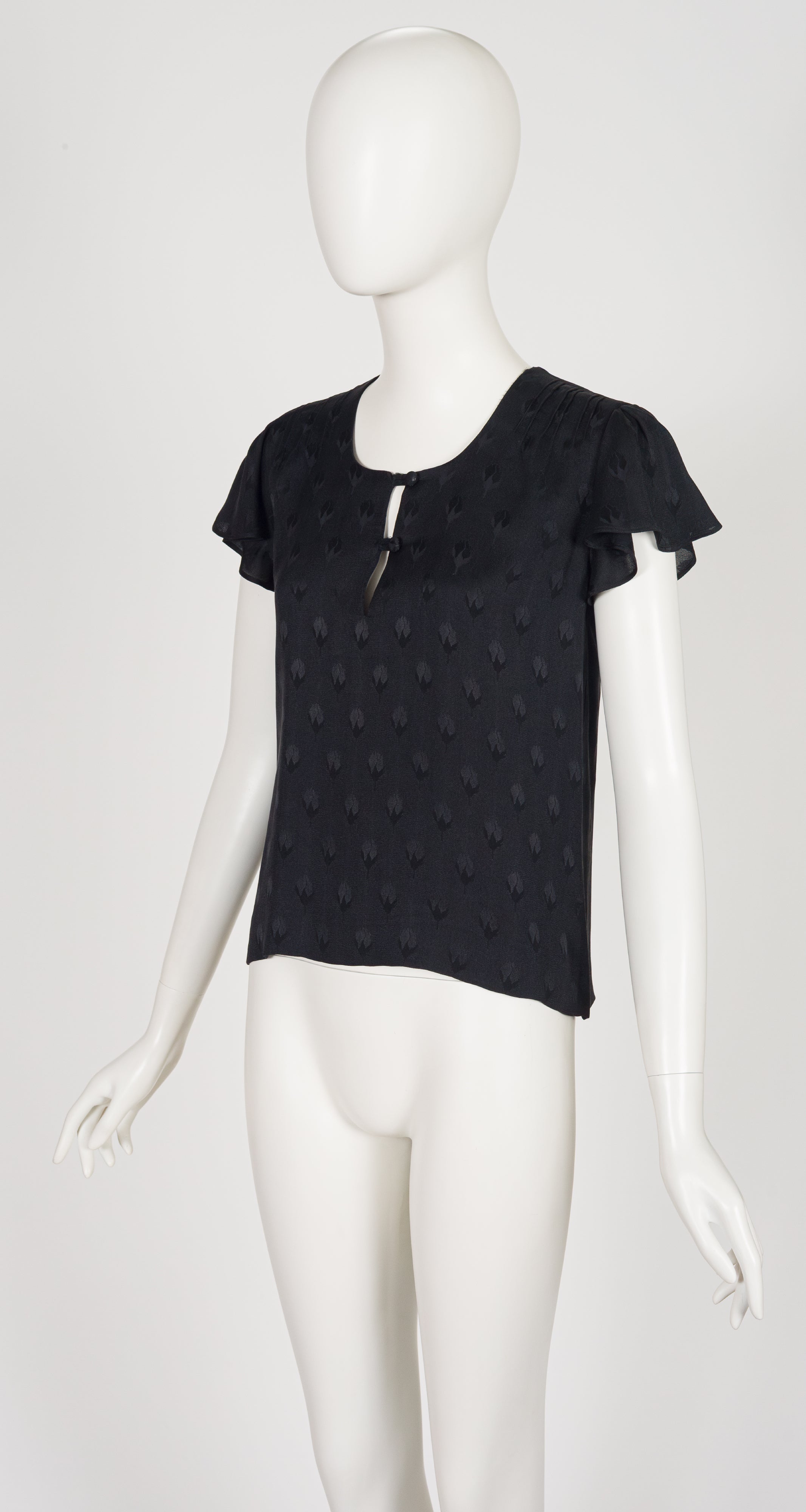 1970s Black Floral Silk Jacquard Flutter Sleeve Top