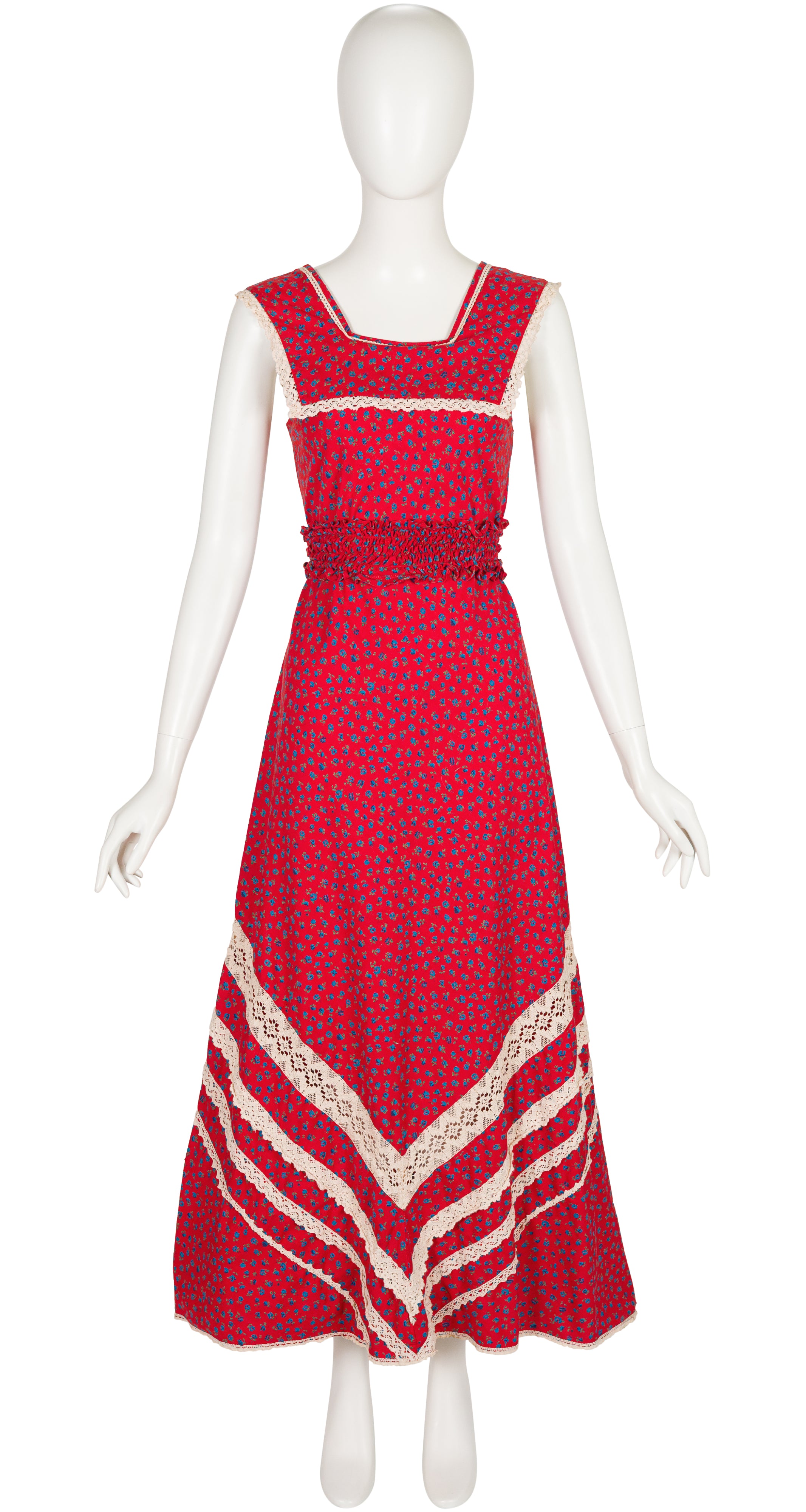 1970s Red Floral Cotton Sleeveless Prairie Maxi Dress