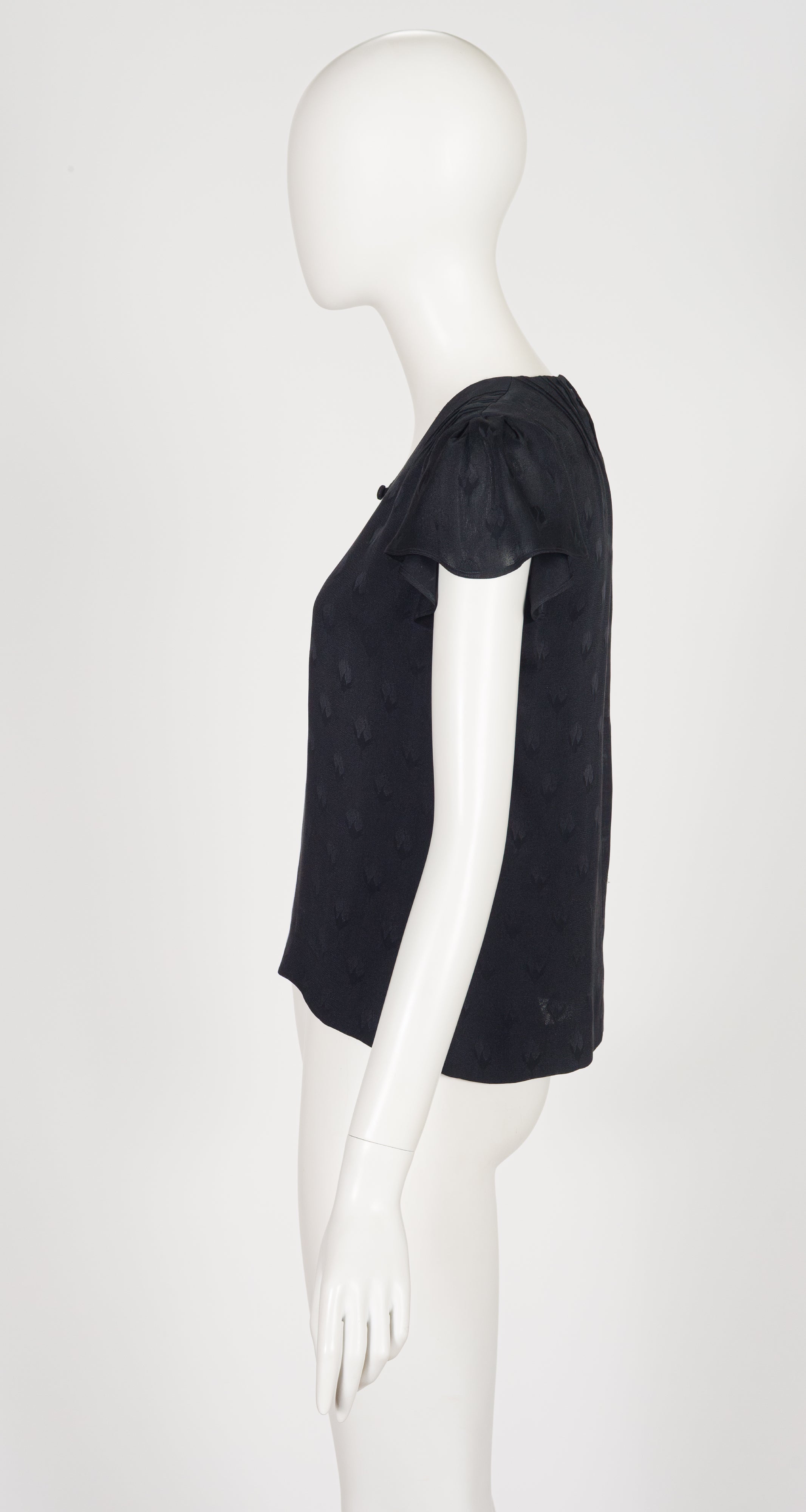 1970s Black Floral Silk Jacquard Flutter Sleeve Top