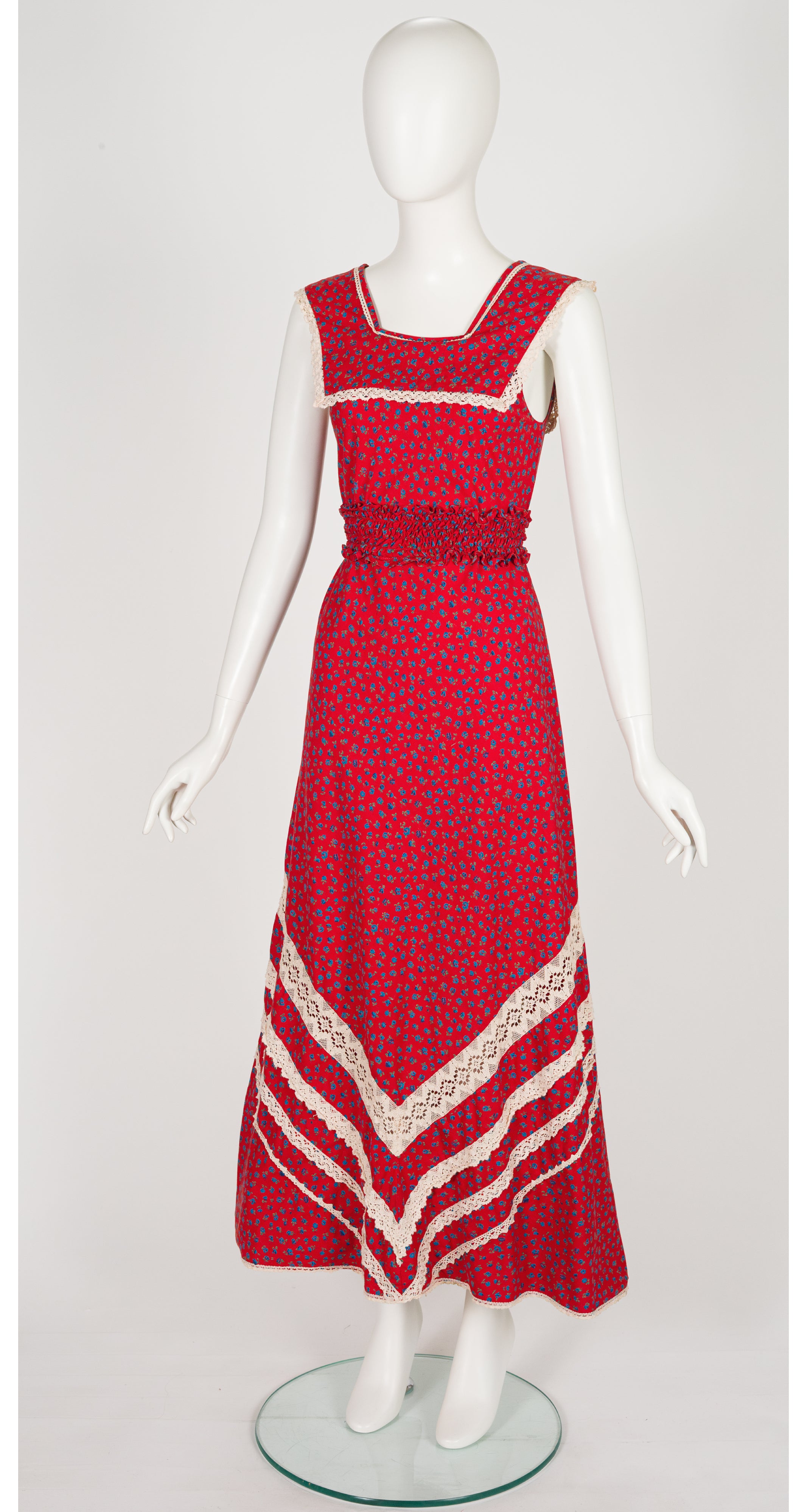 1970s Red Floral Cotton Sleeveless Prairie Maxi Dress