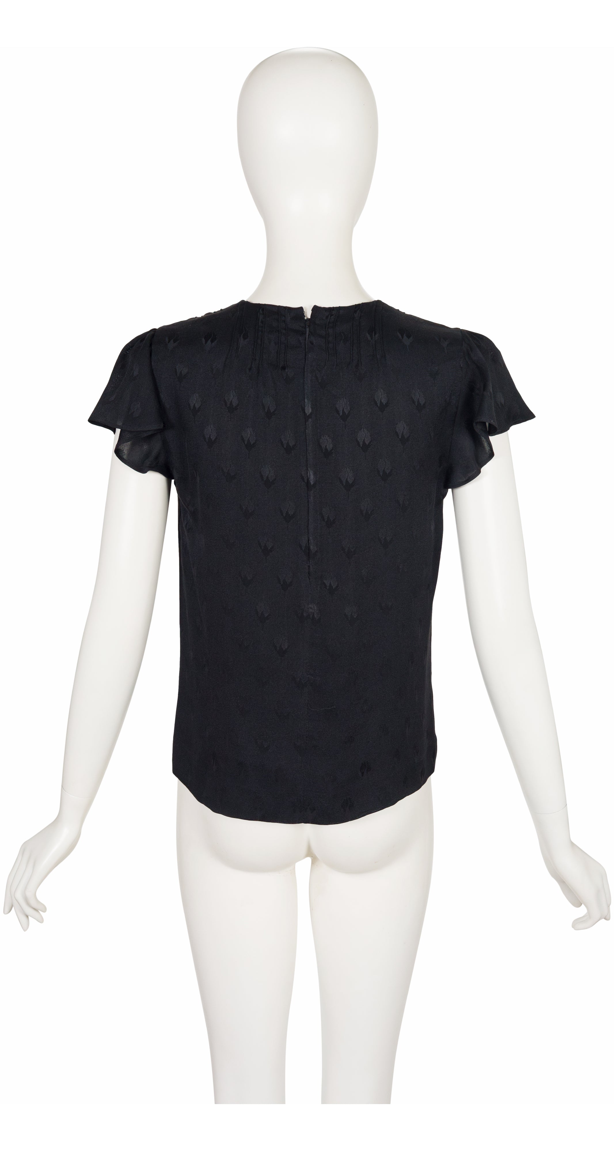 1970s Black Floral Silk Jacquard Flutter Sleeve Top