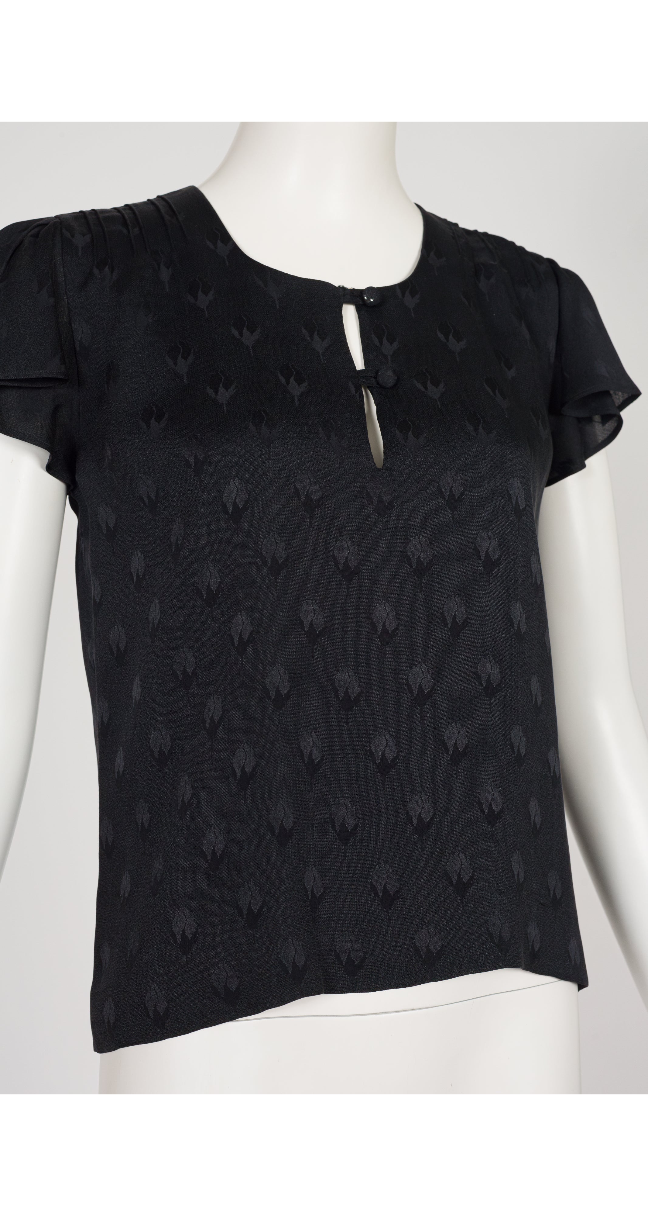 1970s Black Floral Silk Jacquard Flutter Sleeve Top