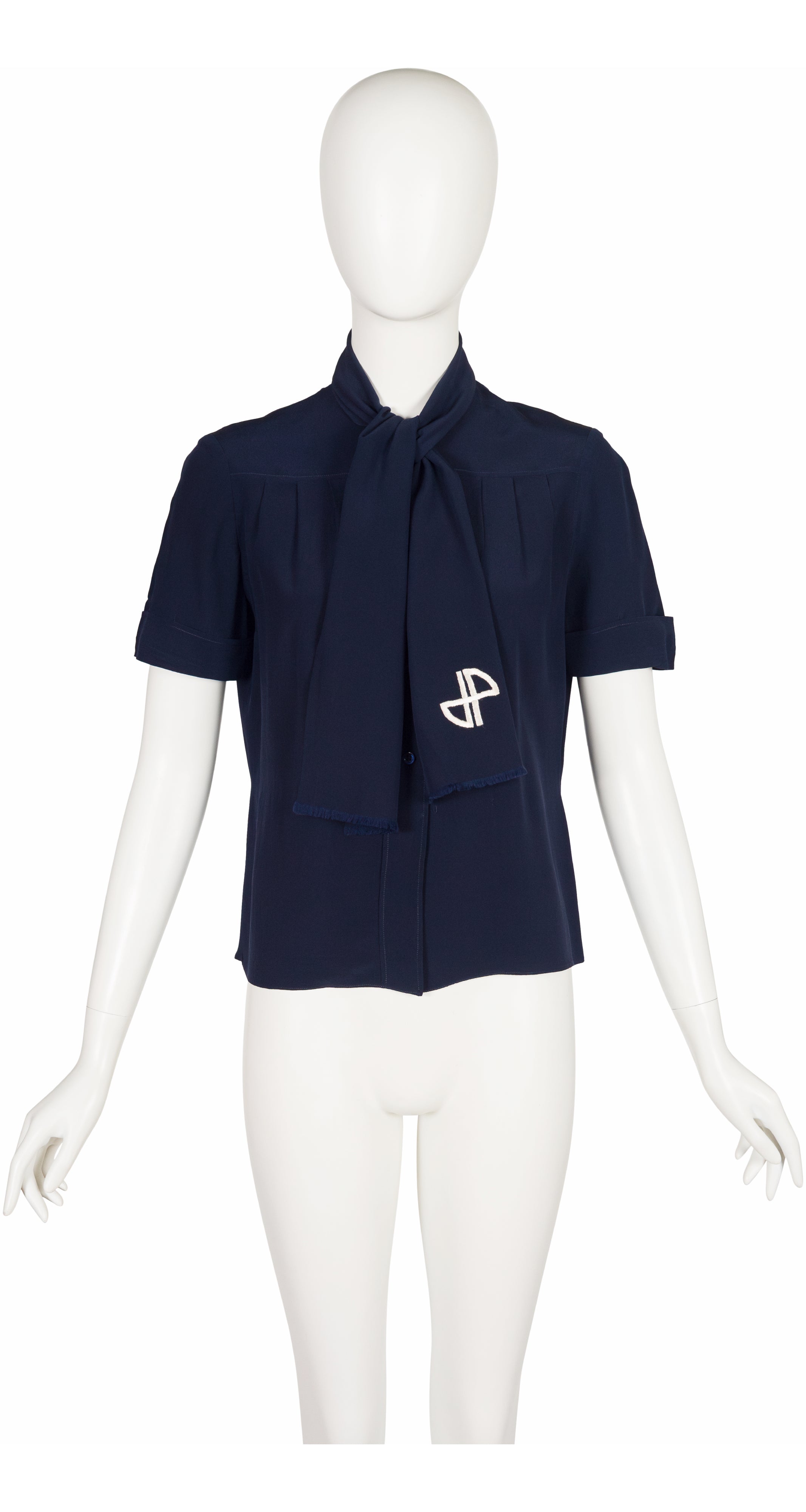 1970s Monogram Logo Navy Silk Tie-Neck Short-Sleeve Blouse