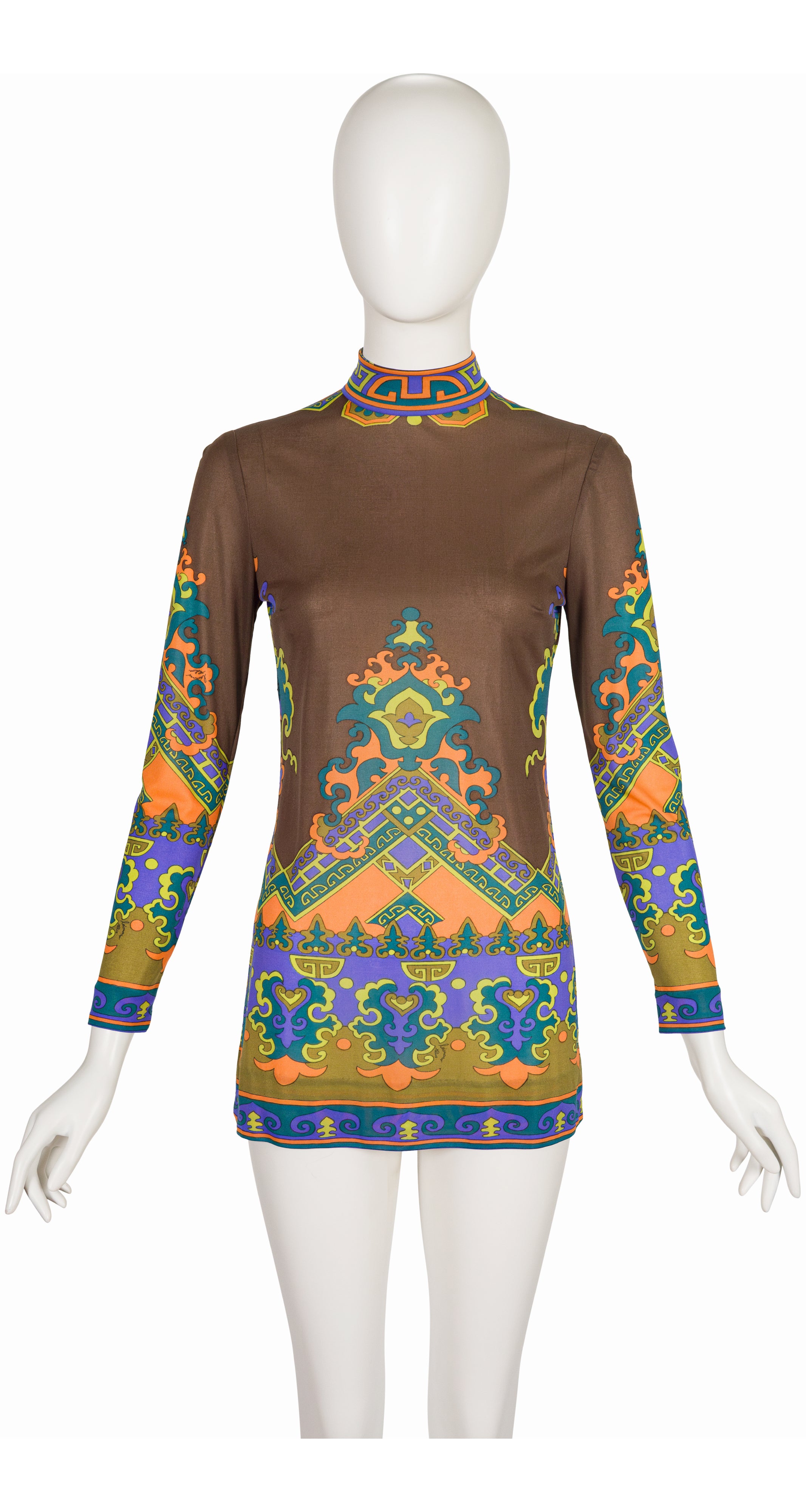 1970s Geometric Print Brown Jersey Tunic Top