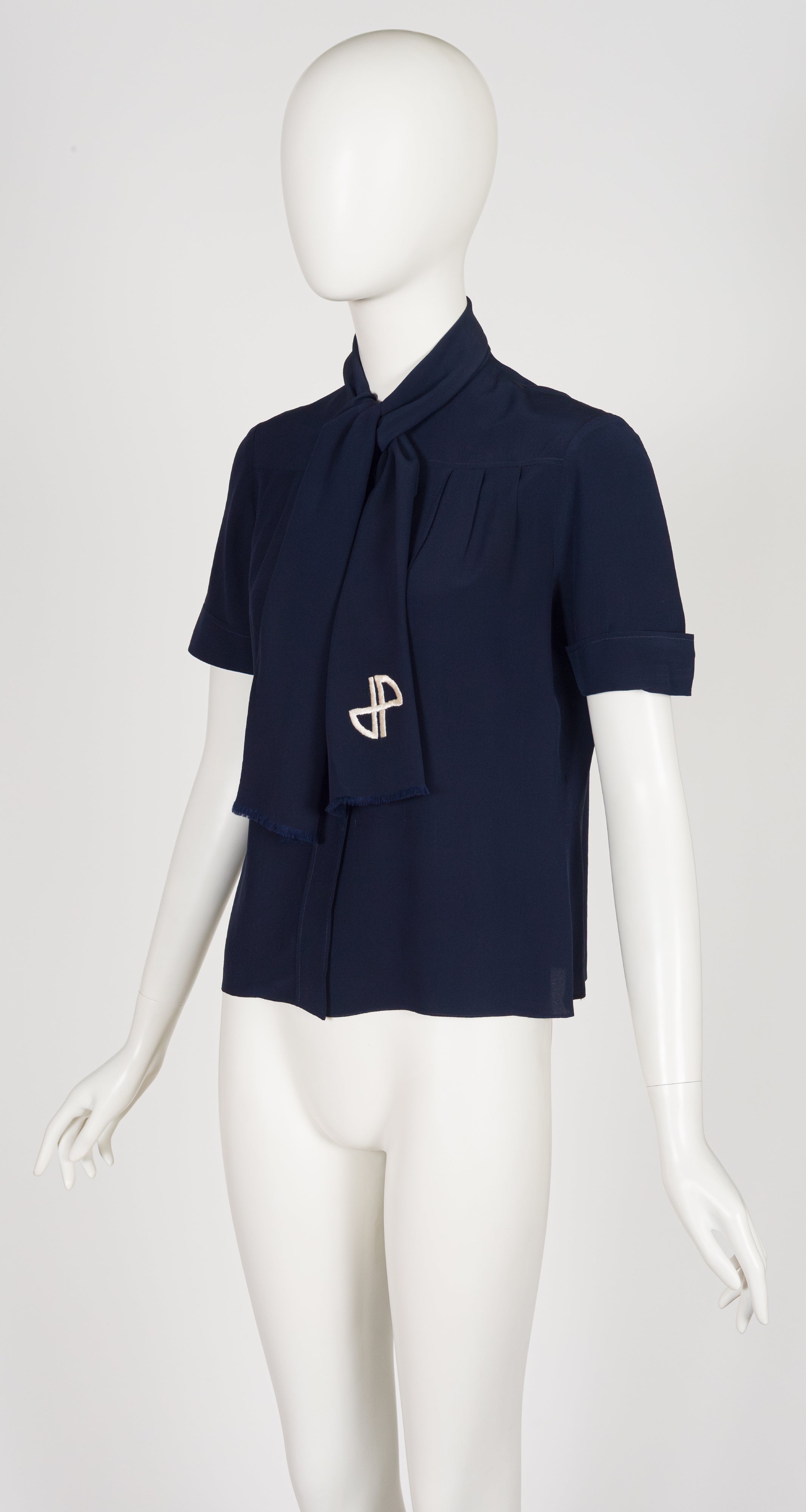 1970s Monogram Logo Navy Silk Tie-Neck Short-Sleeve Blouse