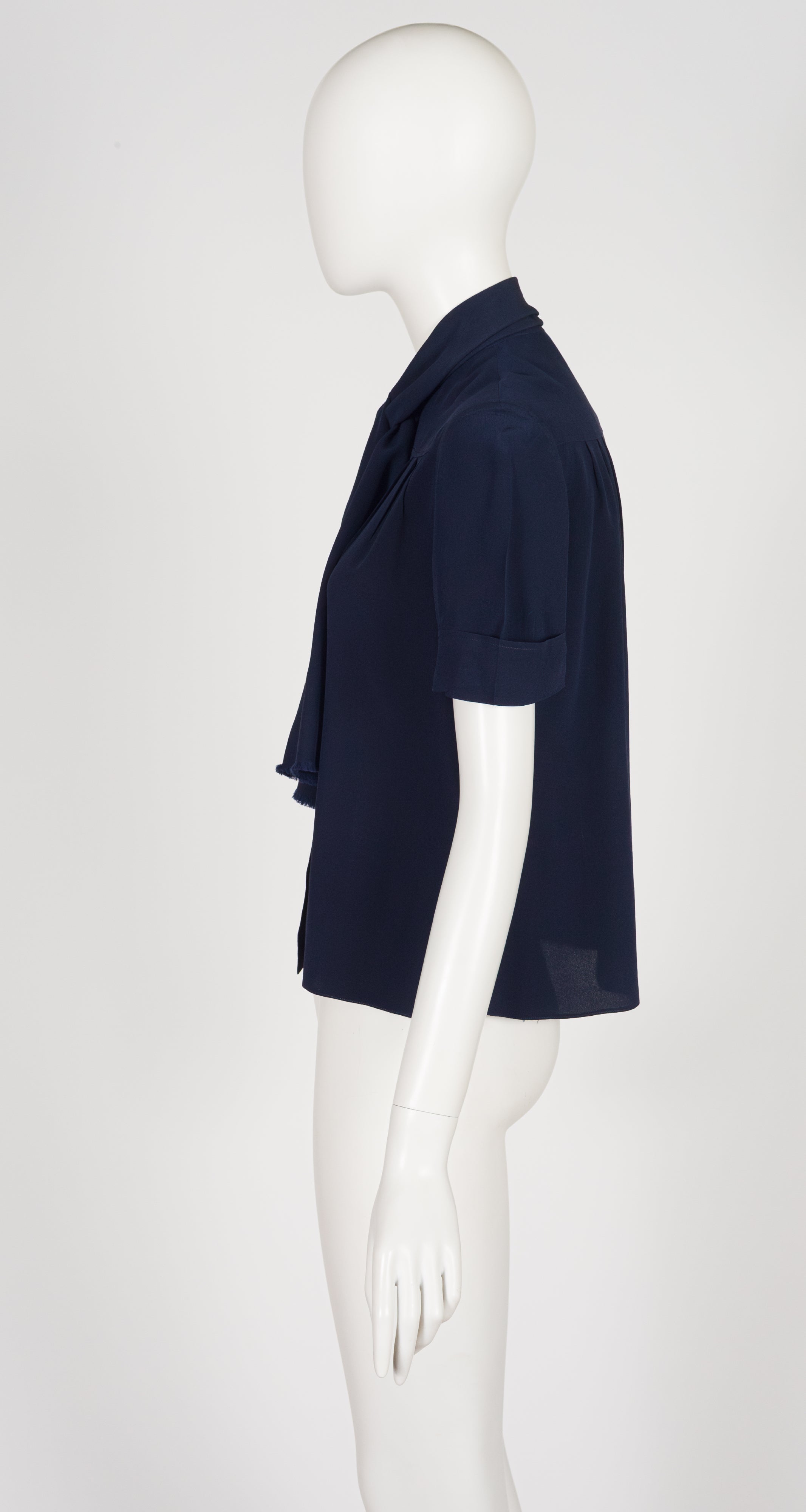 1970s Monogram Logo Navy Silk Tie-Neck Short-Sleeve Blouse