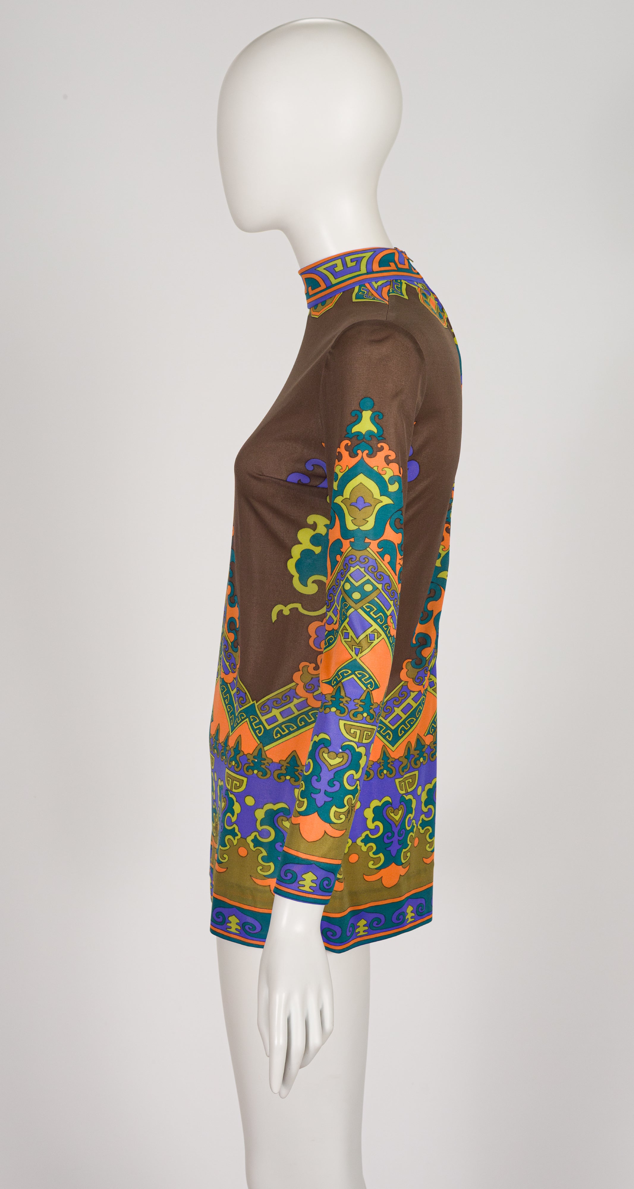 1970s Geometric Print Brown Jersey Tunic Top