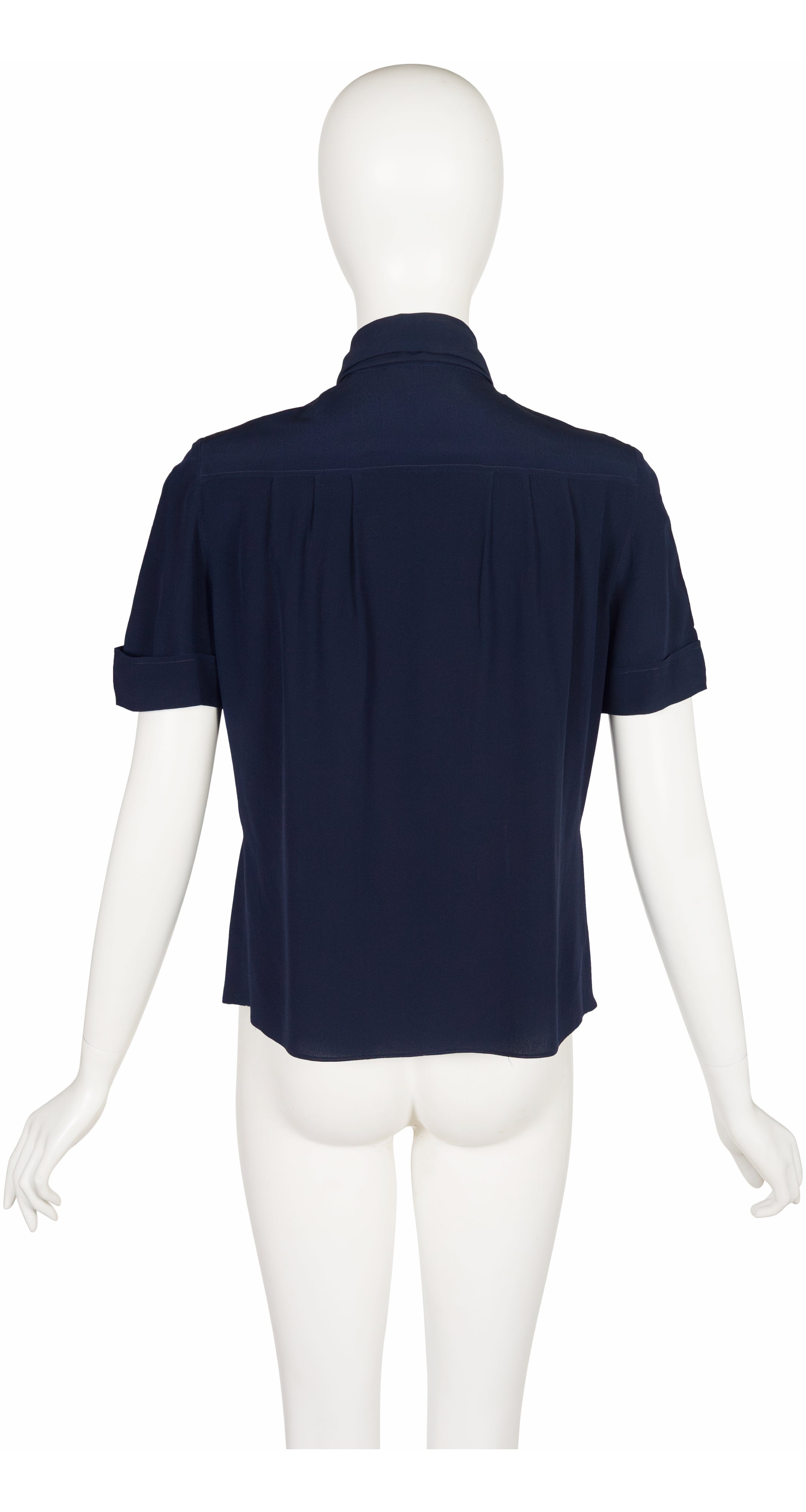 1970s Monogram Logo Navy Silk Tie-Neck Short-Sleeve Blouse