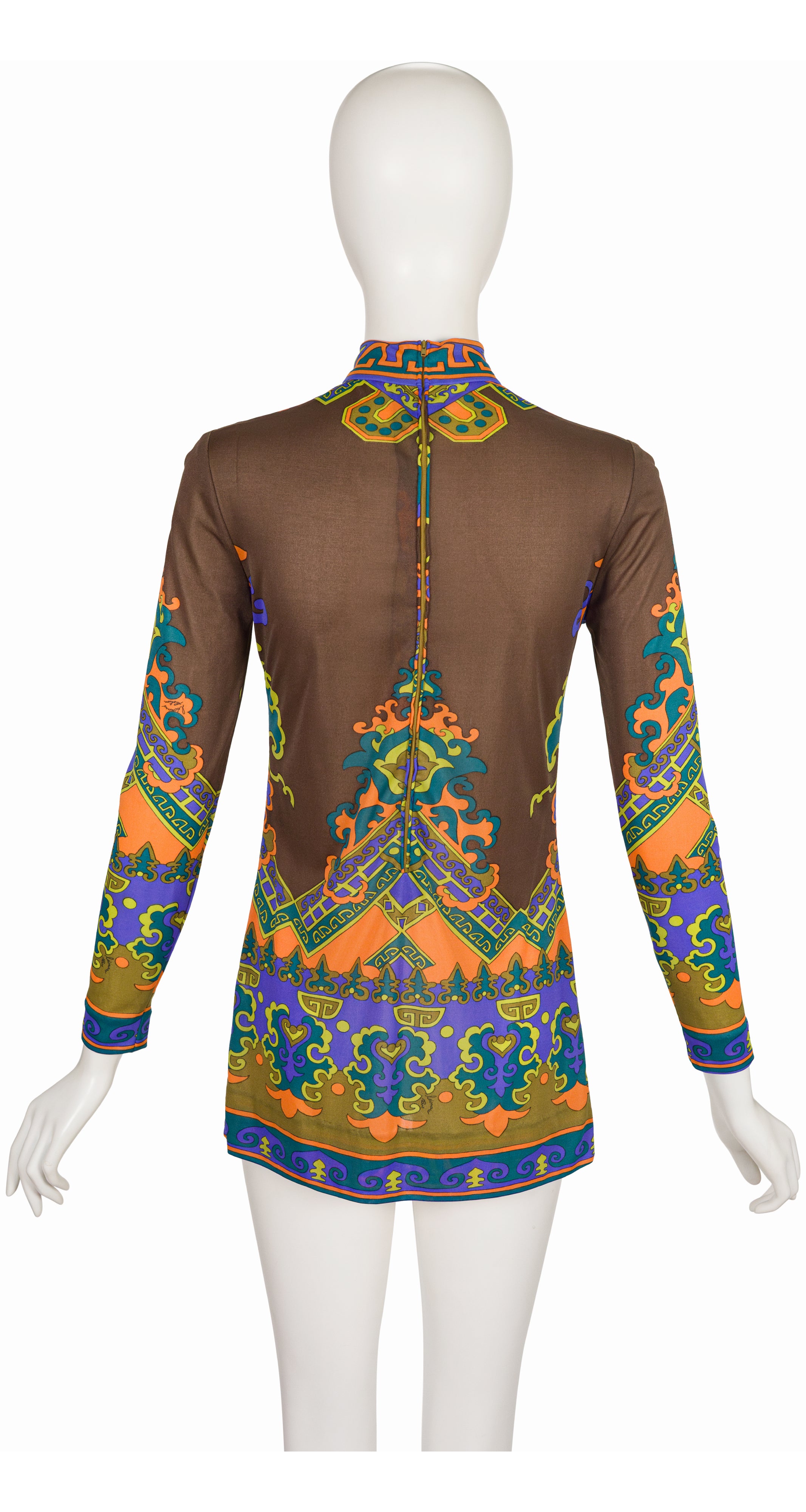 1970s Geometric Print Brown Jersey Tunic Top