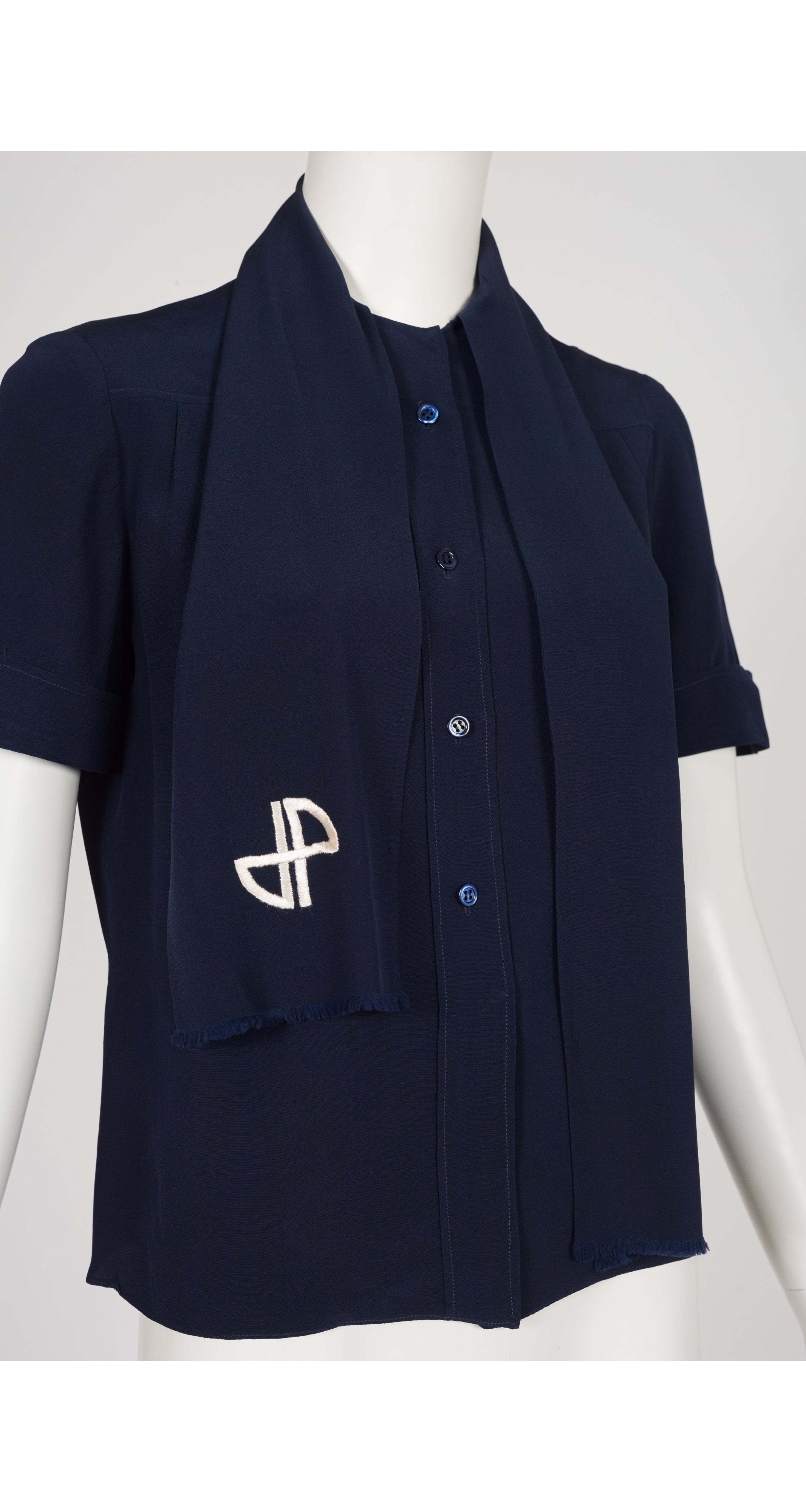 1970s Monogram Logo Navy Silk Tie-Neck Short-Sleeve Blouse