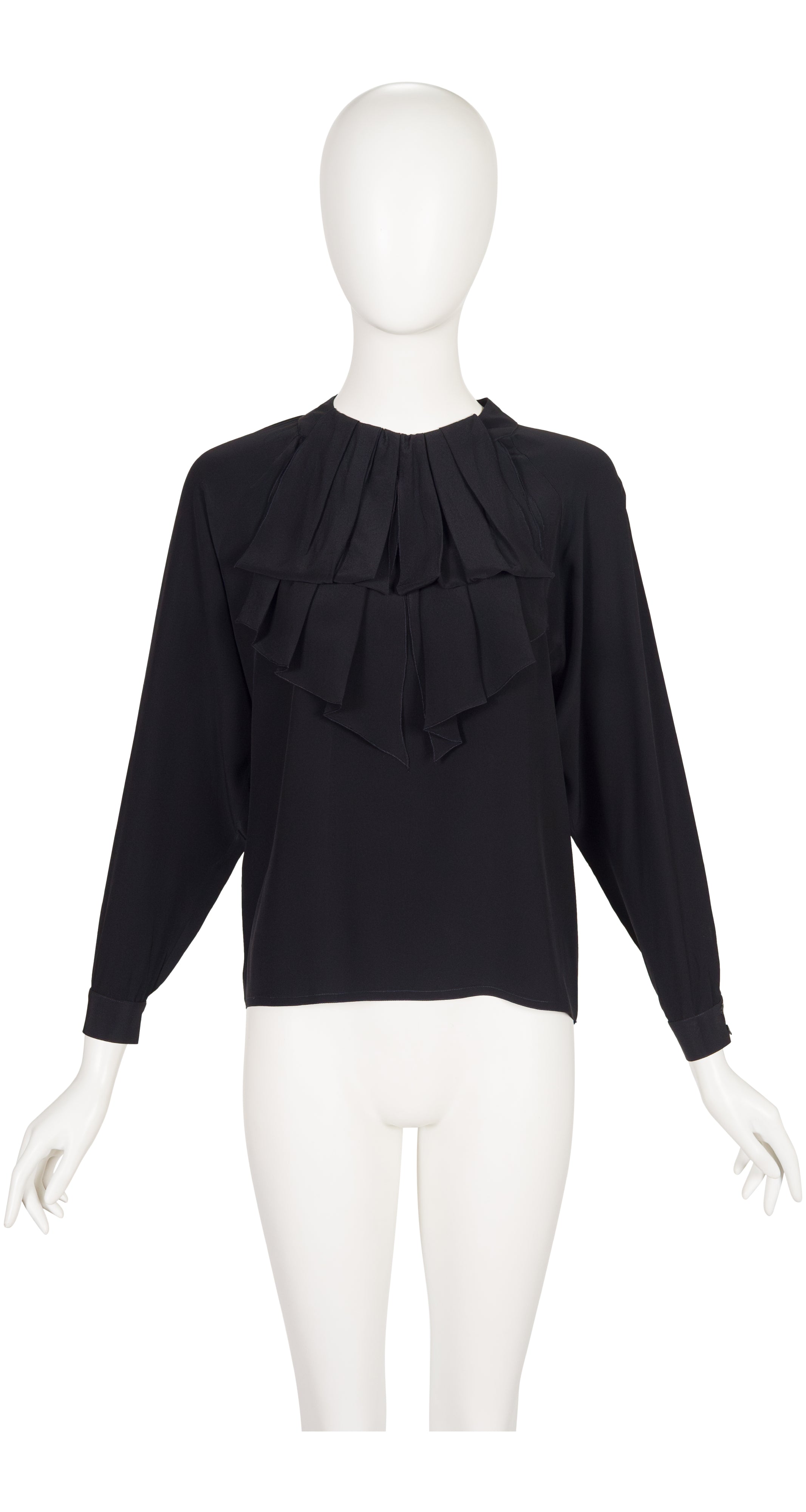 1980s Black Silk Ruffle Jabot Collar Blouse