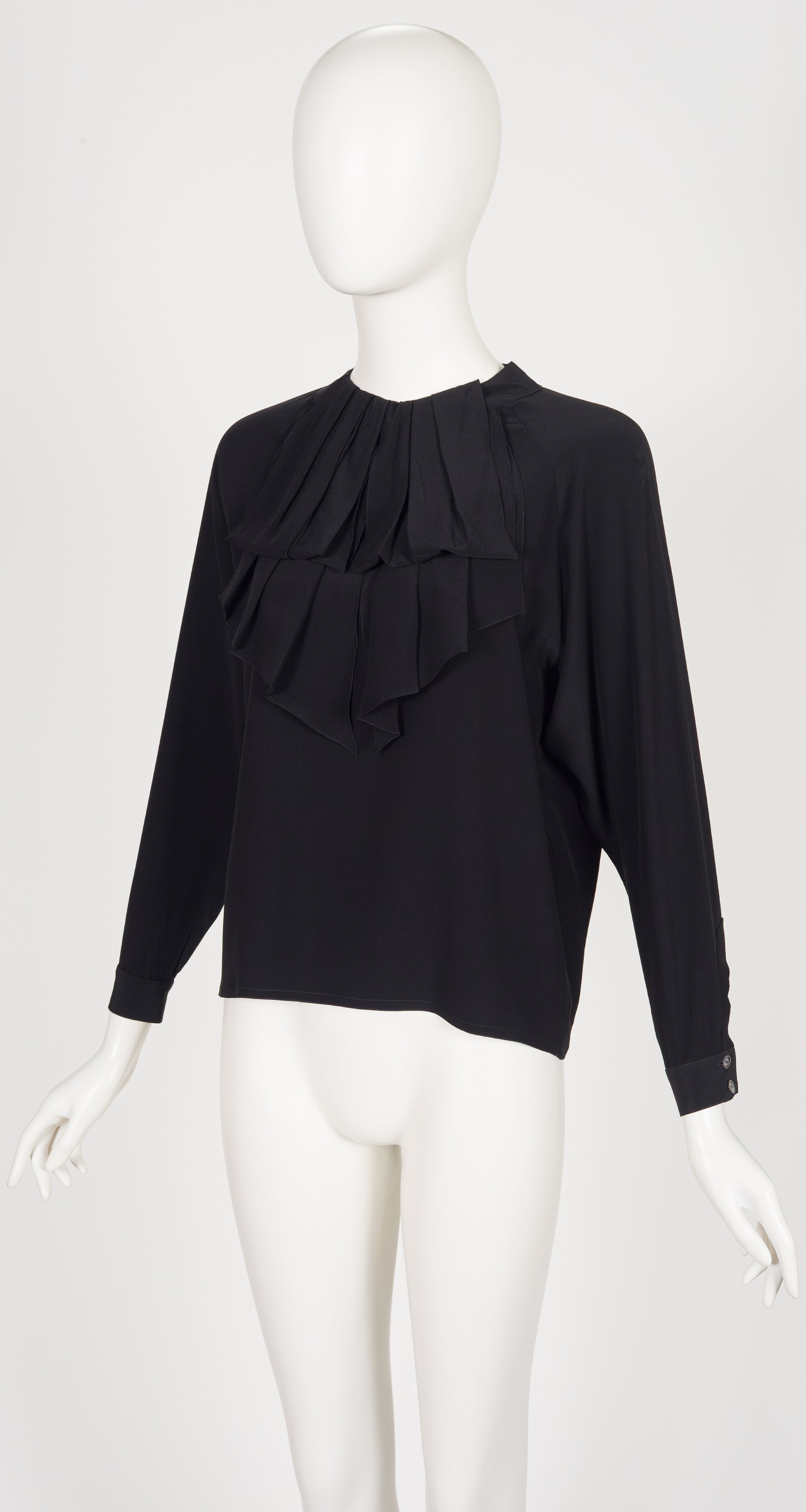 1980s Black Silk Ruffle Jabot Collar Blouse