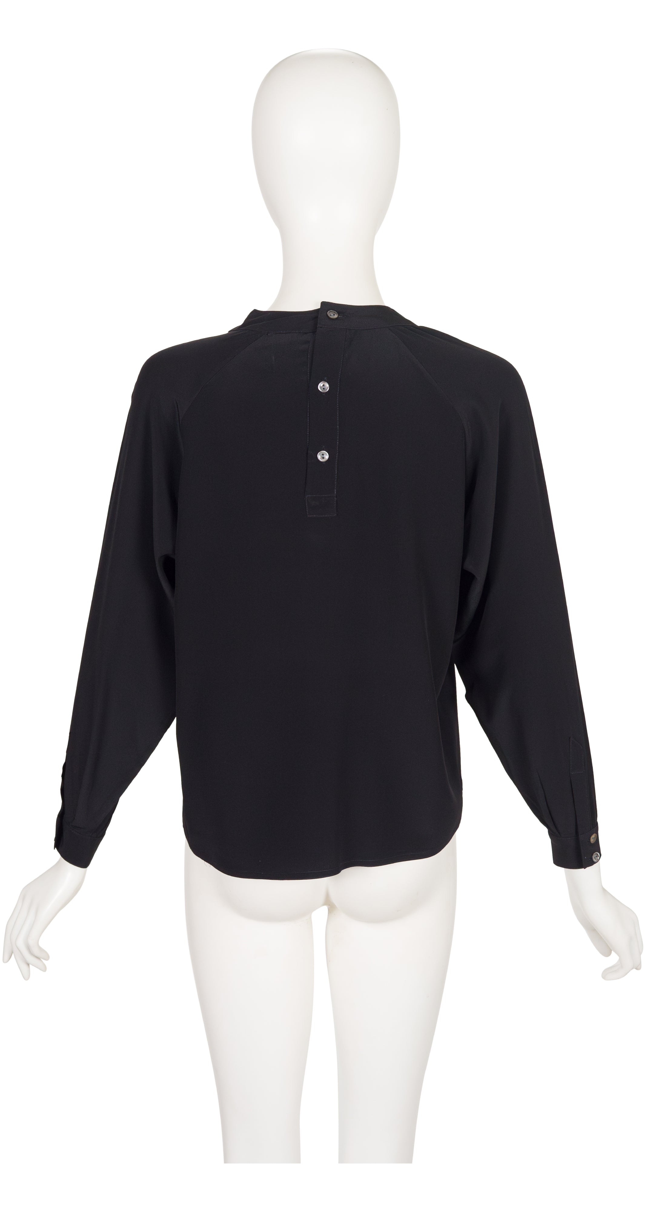 1980s Black Silk Ruffle Jabot Collar Blouse