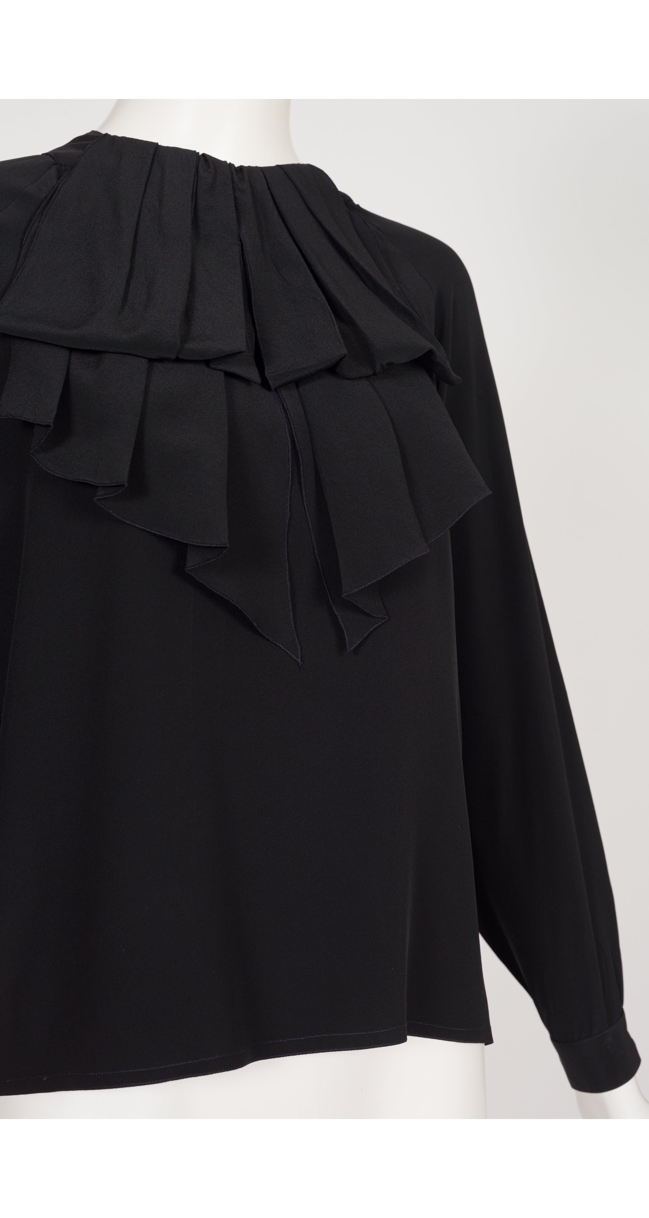 1980s Black Silk Ruffle Jabot Collar Blouse