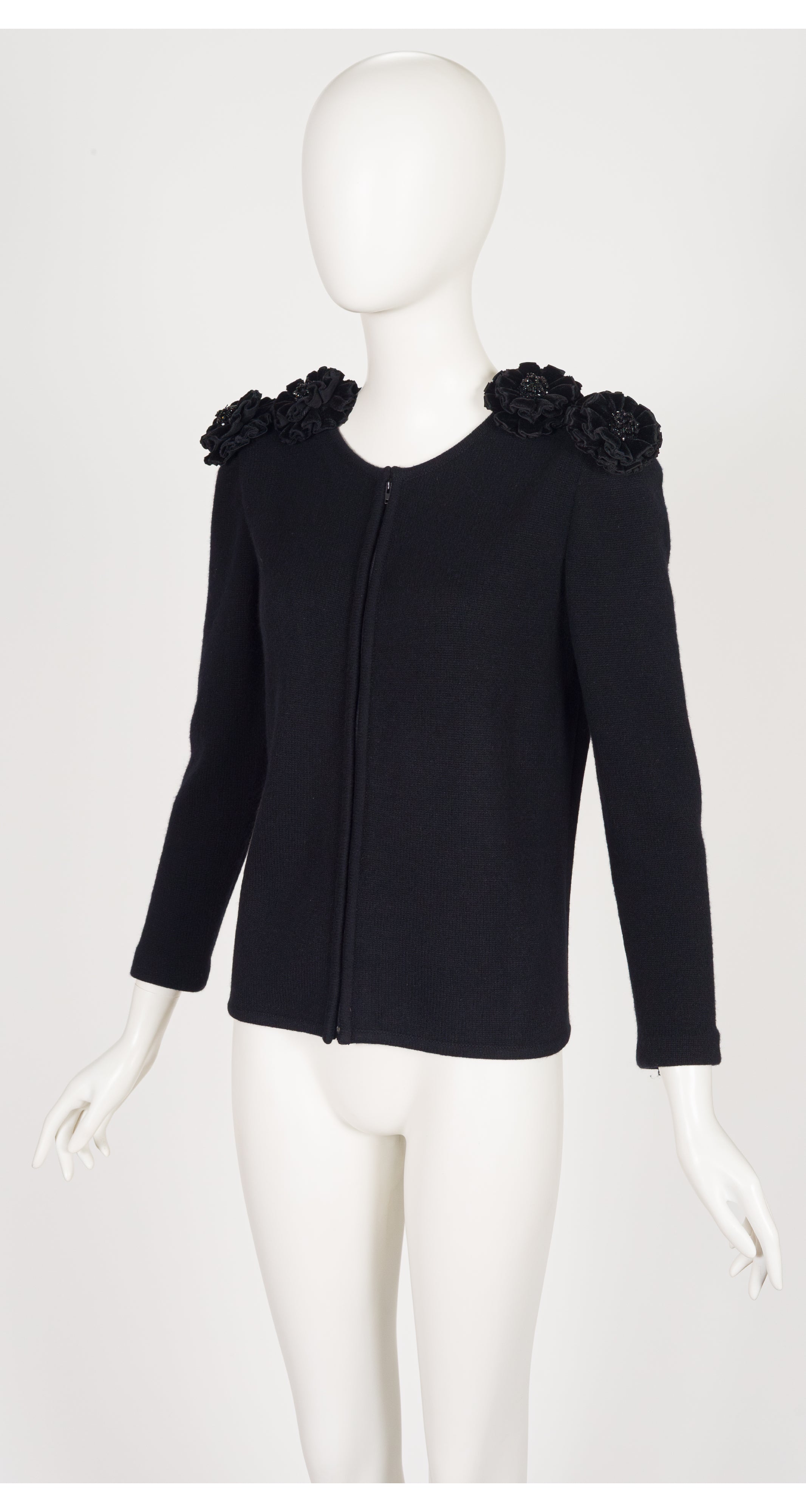 1990s Flower Shoulder Black Knit Zip-Up Sweater
