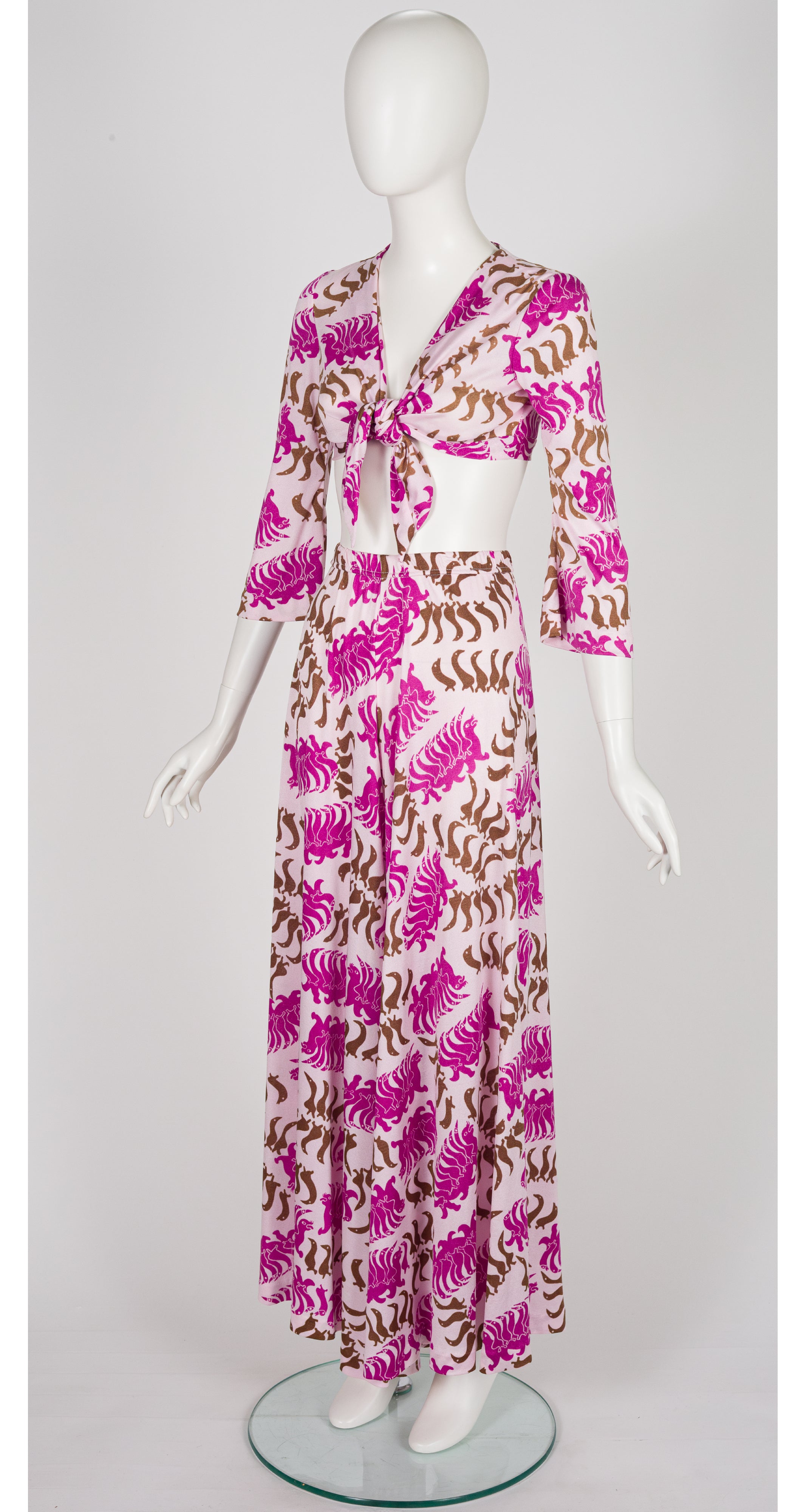 1972 Inuit Art Bird Print Jersey Crop Top & Palazzo Pant Set