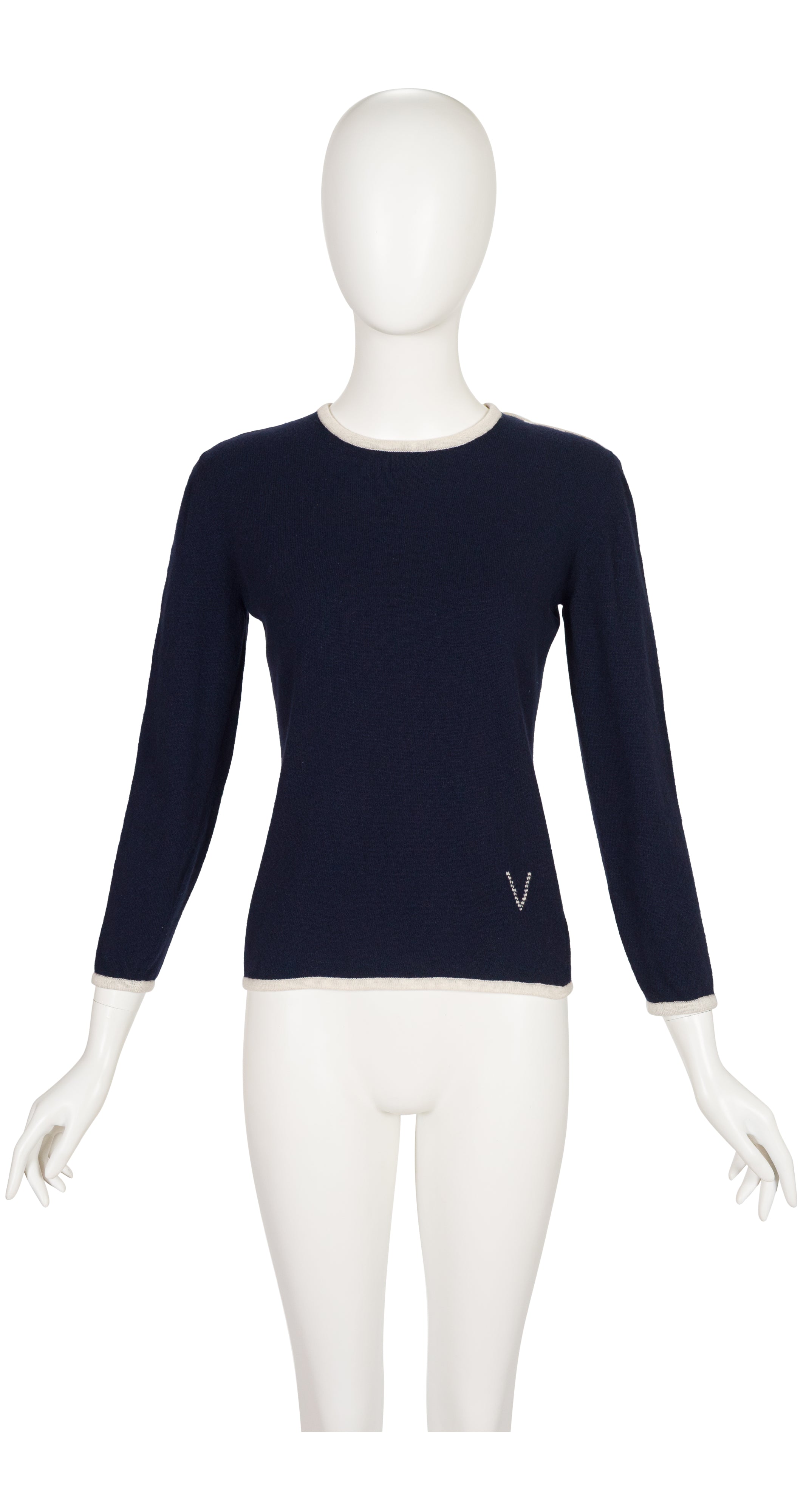 1970s "V" Logo Navy Cashmere Pullover Sweater